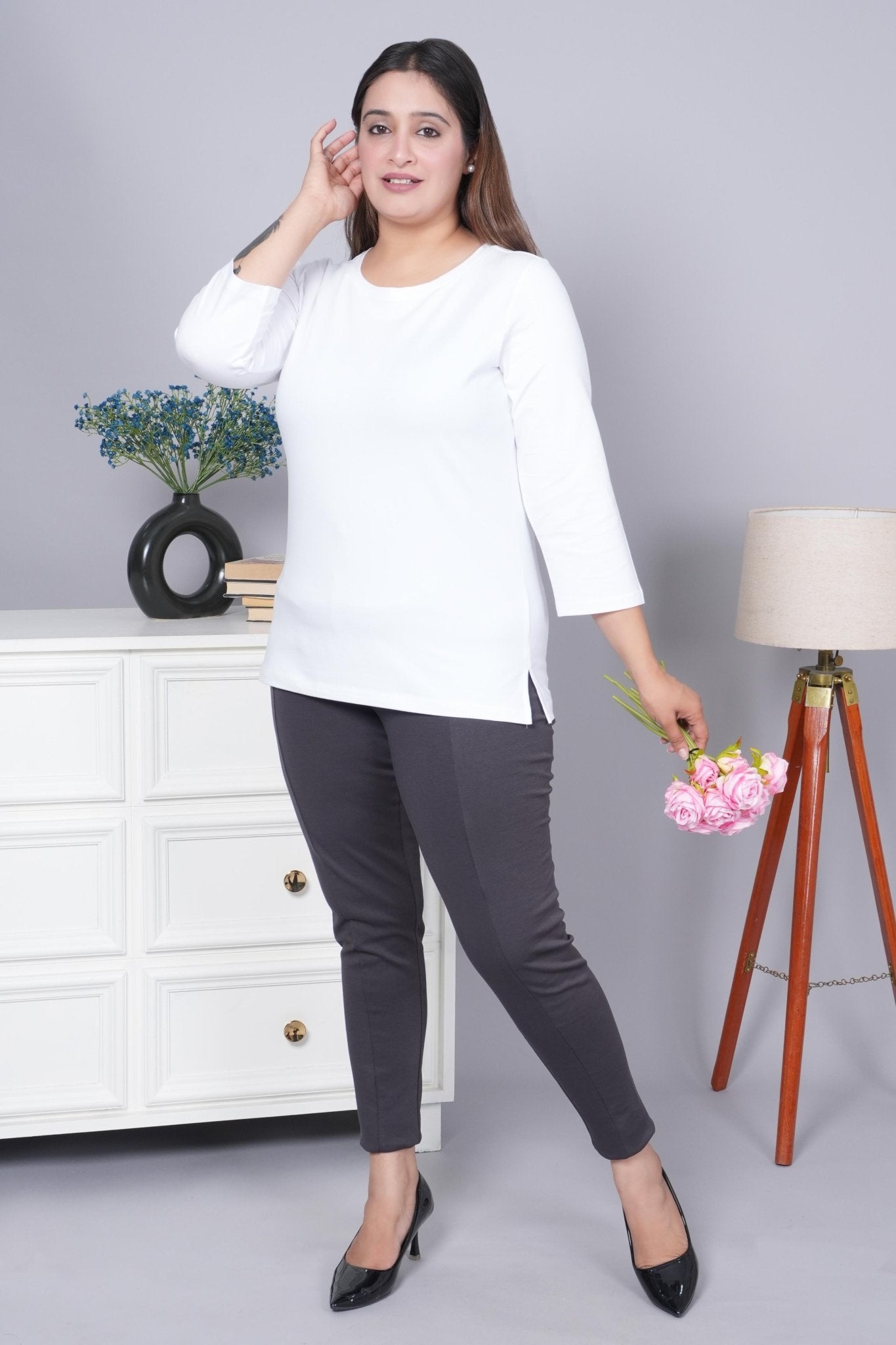 White Round Neck Cotton 3/4 Sleeve T Shirt - Cotton t shirt