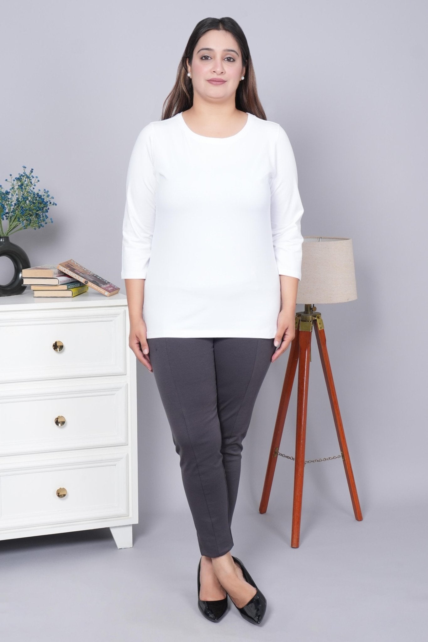 White Round Neck Cotton 3/4 Sleeve T Shirt - Cotton t shirt