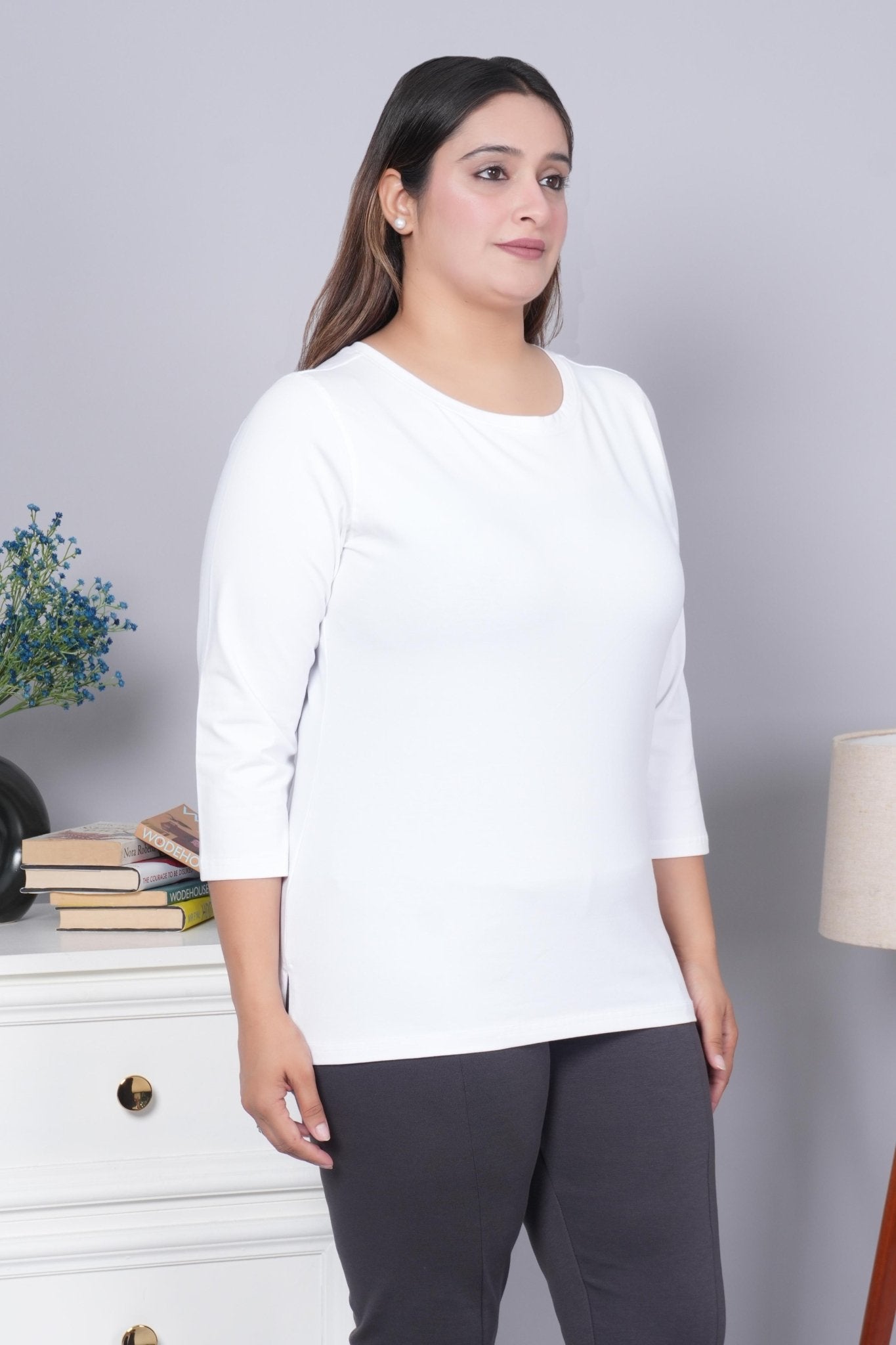 White Round Neck Cotton 3/4 Sleeve T Shirt - Cotton t shirt