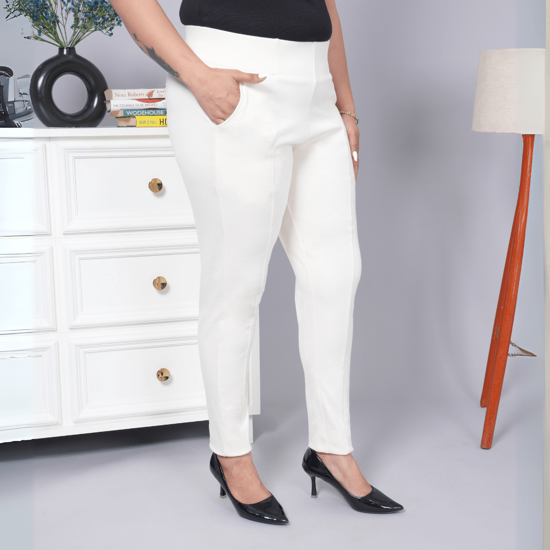 White stretchable biowash USA HQ cotton premium jegging pant with pockets & superior elastic belt. - Milano jegging pants with pcoket