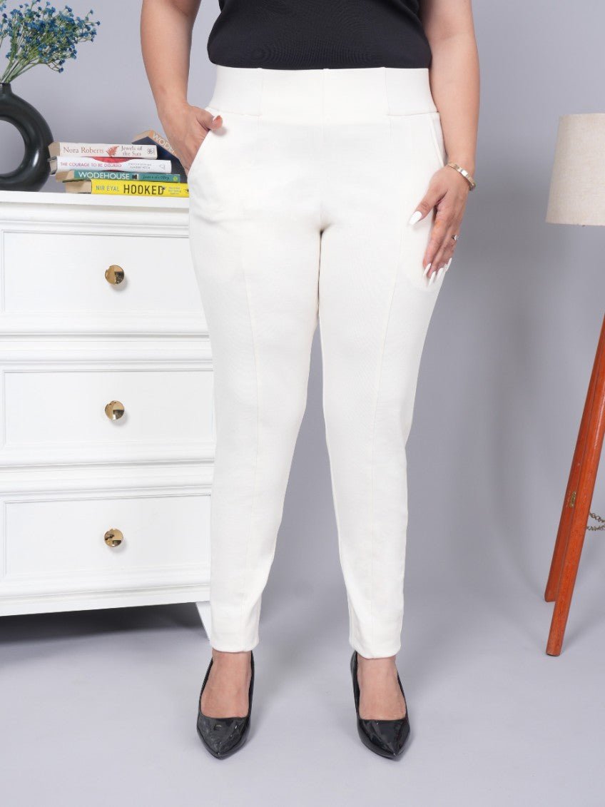 White stretchable biowash USA HQ cotton premium jegging pant with pockets & superior elastic belt. - Milano jegging pants with pcoket