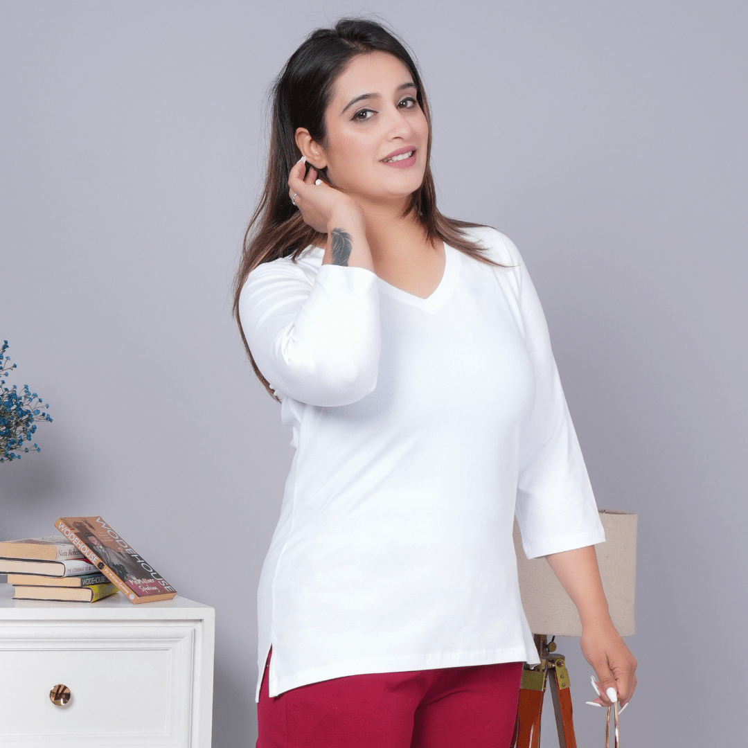 White V-neck cotton 3/4 sleeve t-shirt