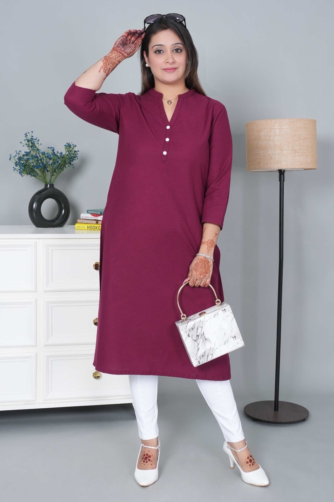 Wine 100% Premium Cotton Long Kurta - Long kurta