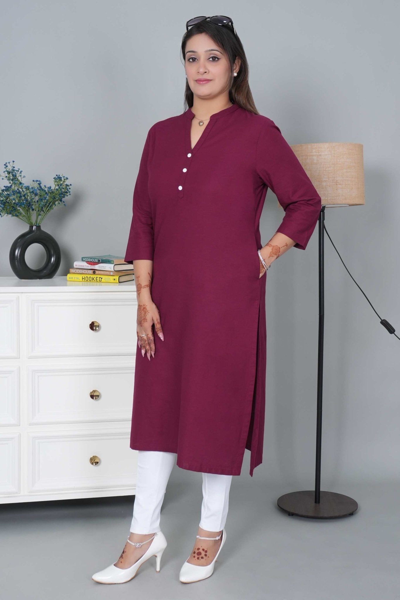 Wine 100% Premium Cotton Long Kurta - Long kurta