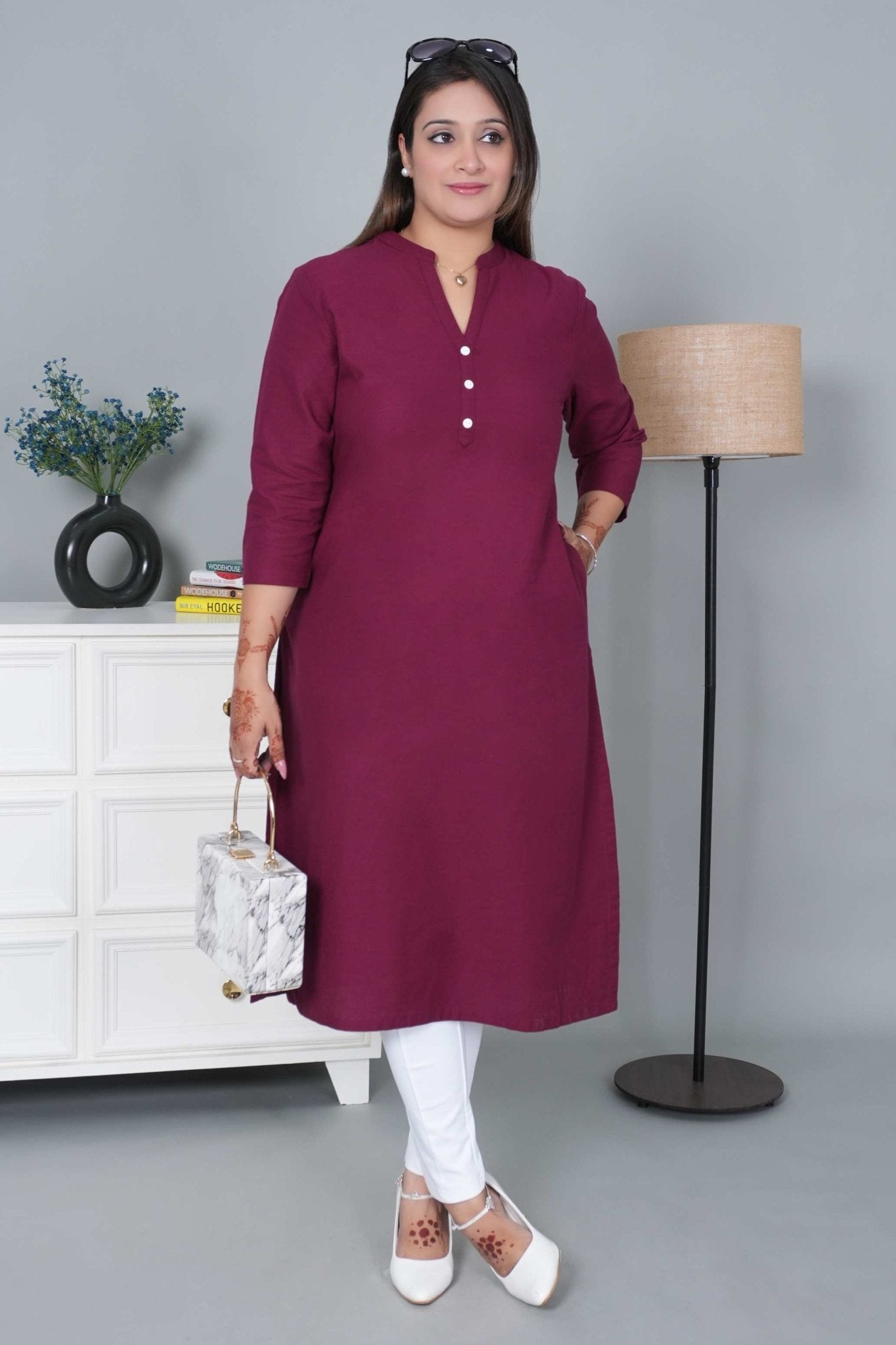 Wine 100% Premium Cotton Long Kurta - Long kurta