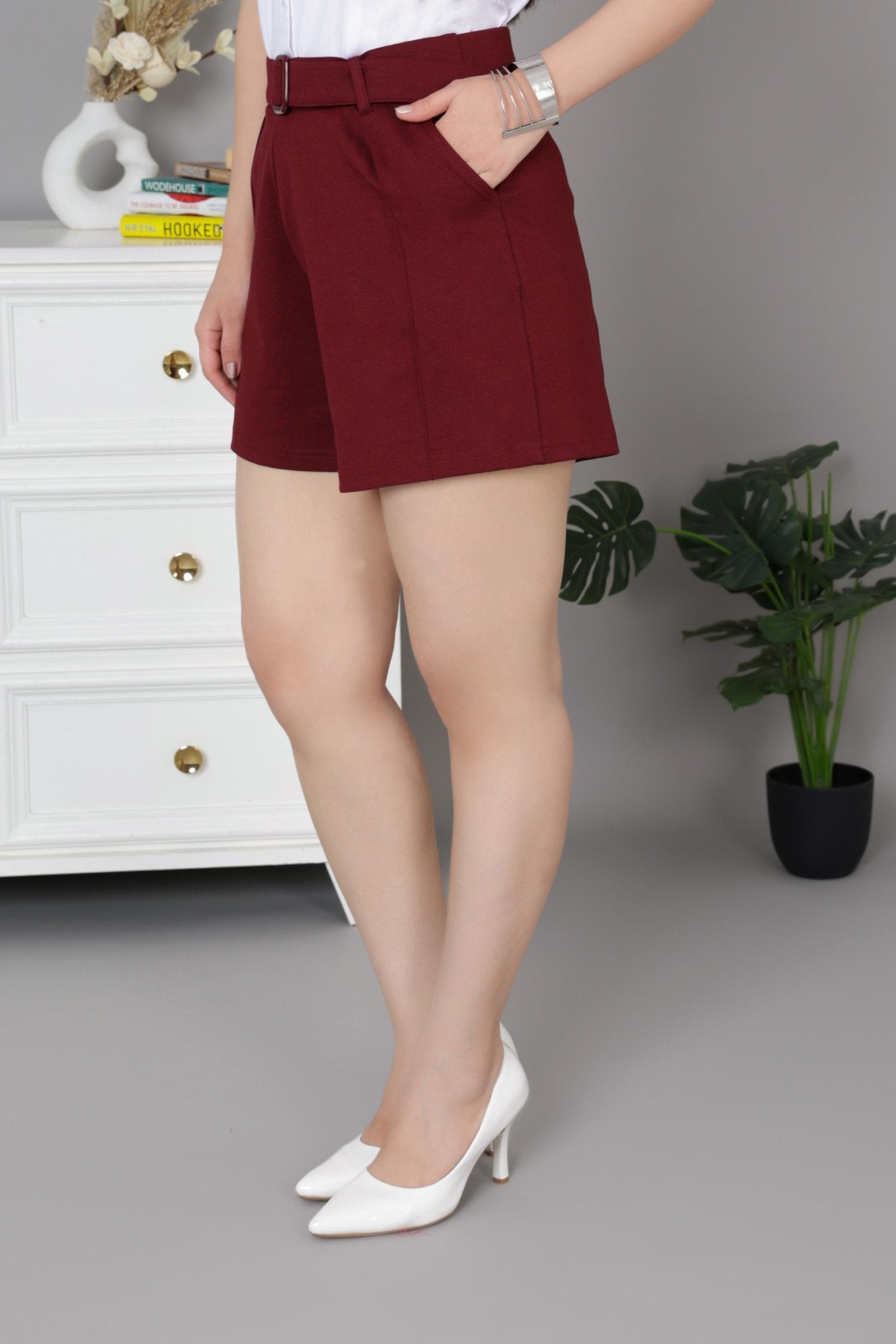 Wine belted pull on cotton short USA HQ cotton pull on short with superior belt. - Belted pull on cotton short