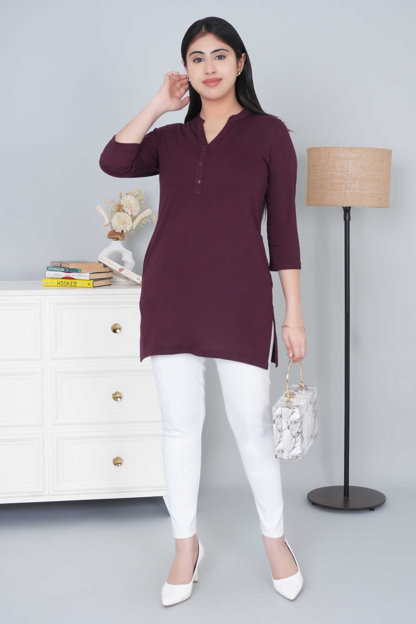 Wine cotton kurti tshirt with pockets - Kurti tshirt