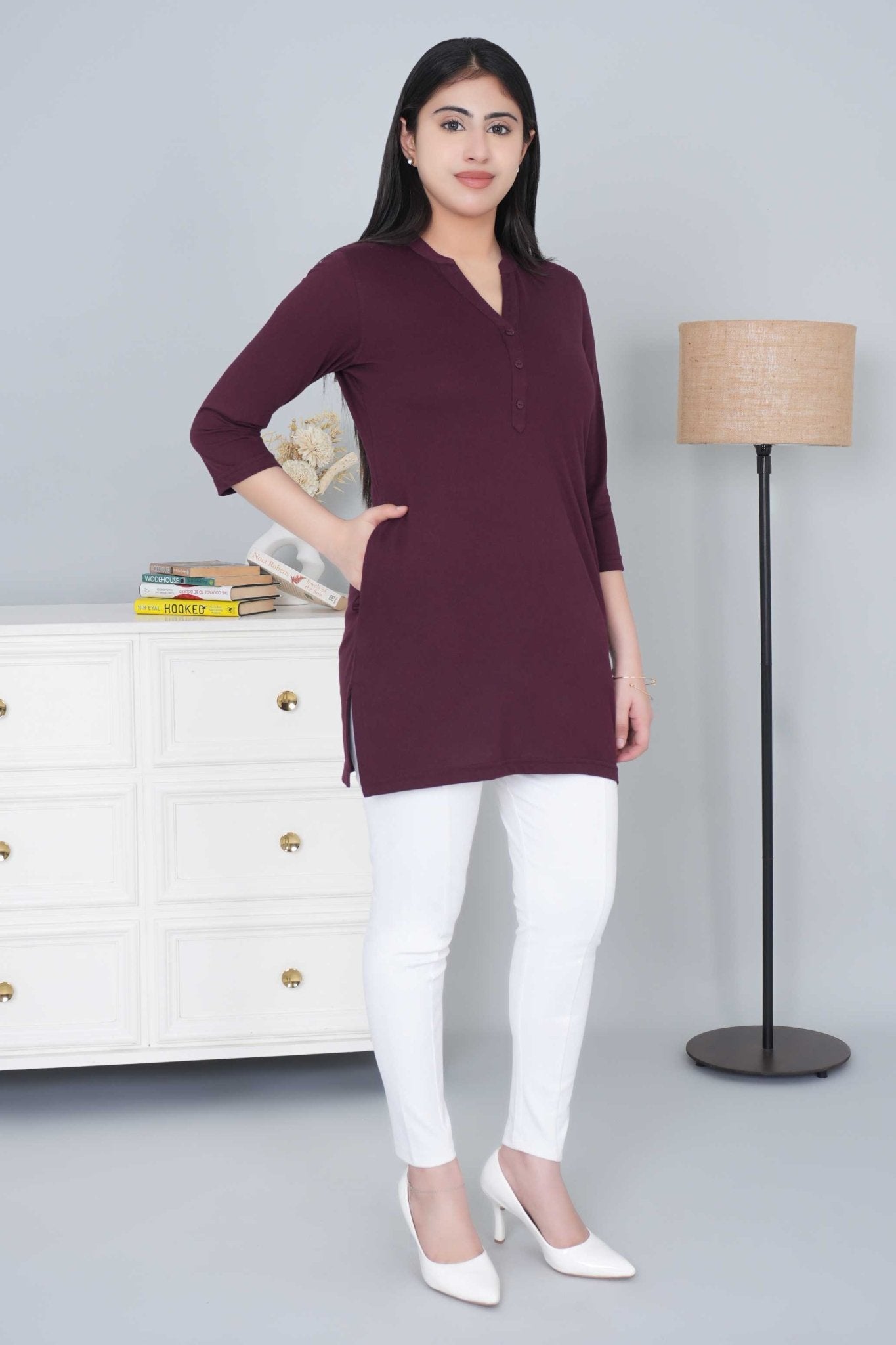 Wine cotton kurti tshirt with pockets - Kurti tshirt
