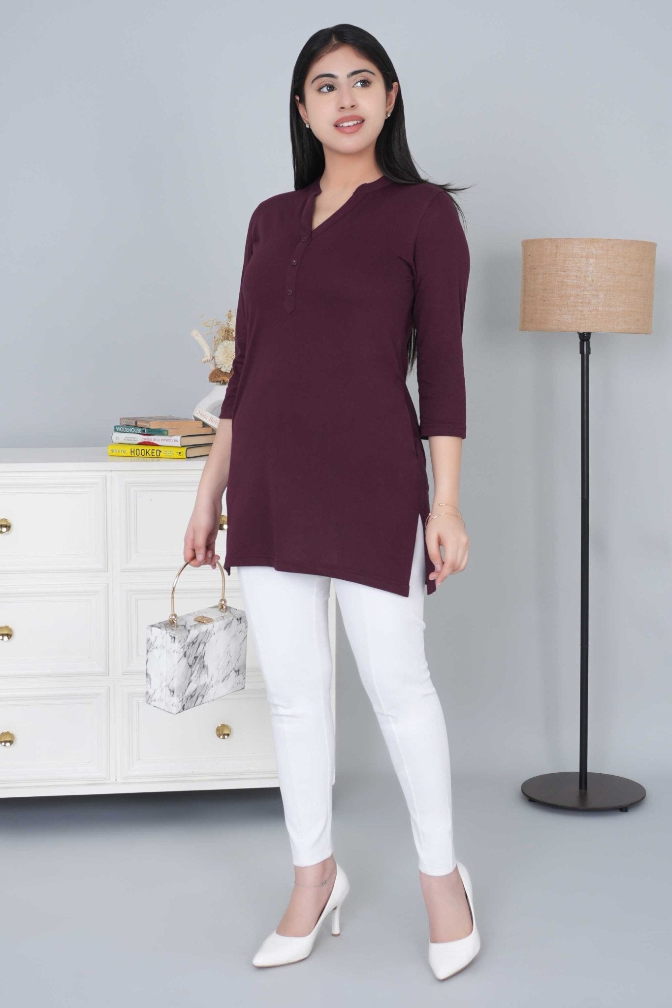 Wine cotton kurti tshirt with pockets - Kurti tshirt