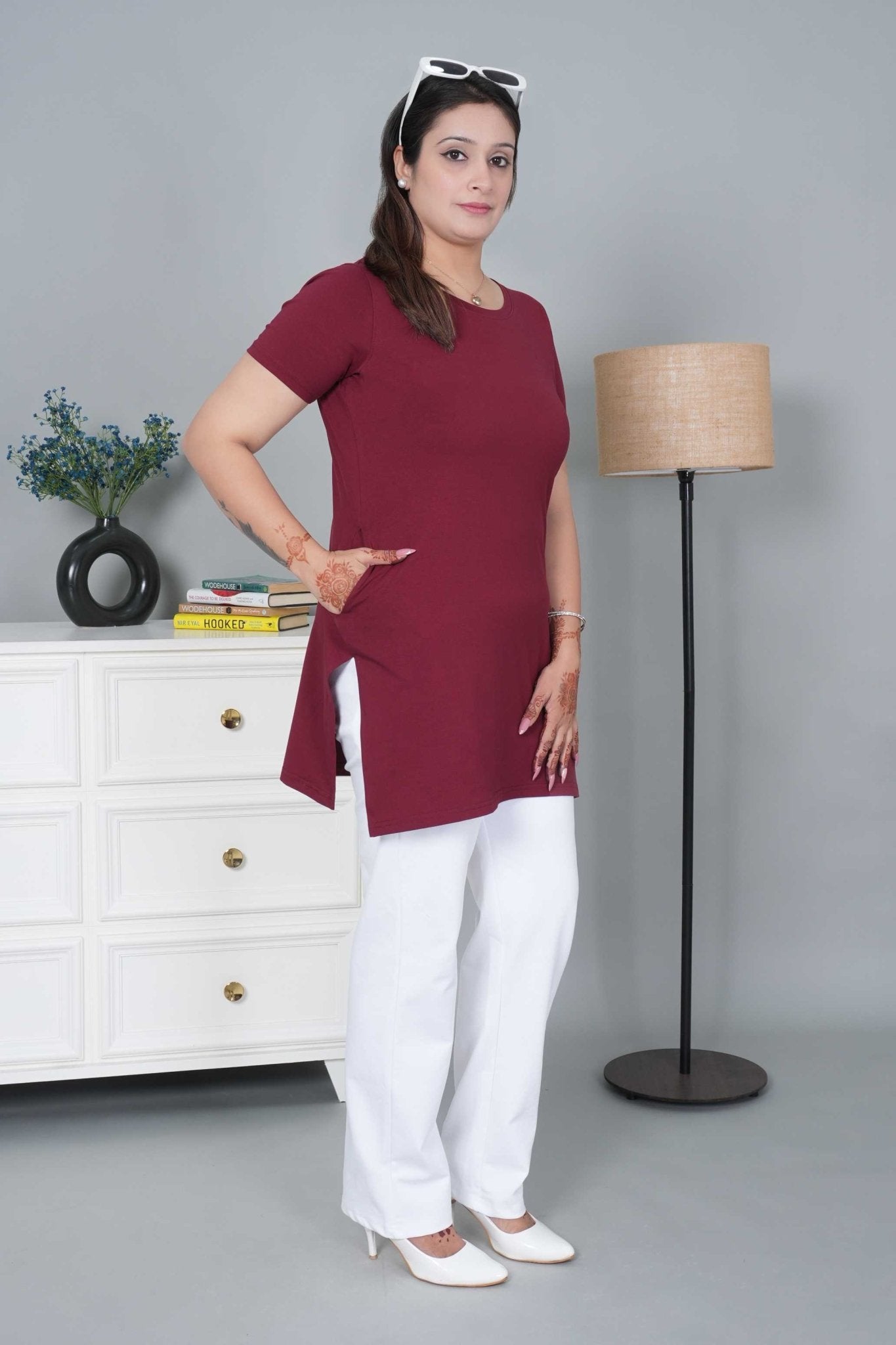 Wine long round neck cotton lycra t-shirt with pockets - Long cotton t-shirt
