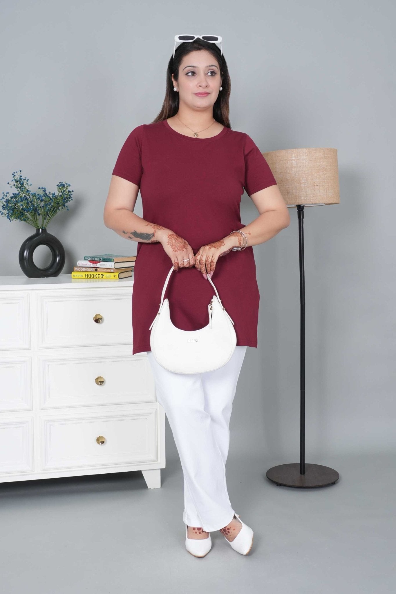 Wine long round neck cotton lycra t-shirt with pockets - Long cotton t-shirt