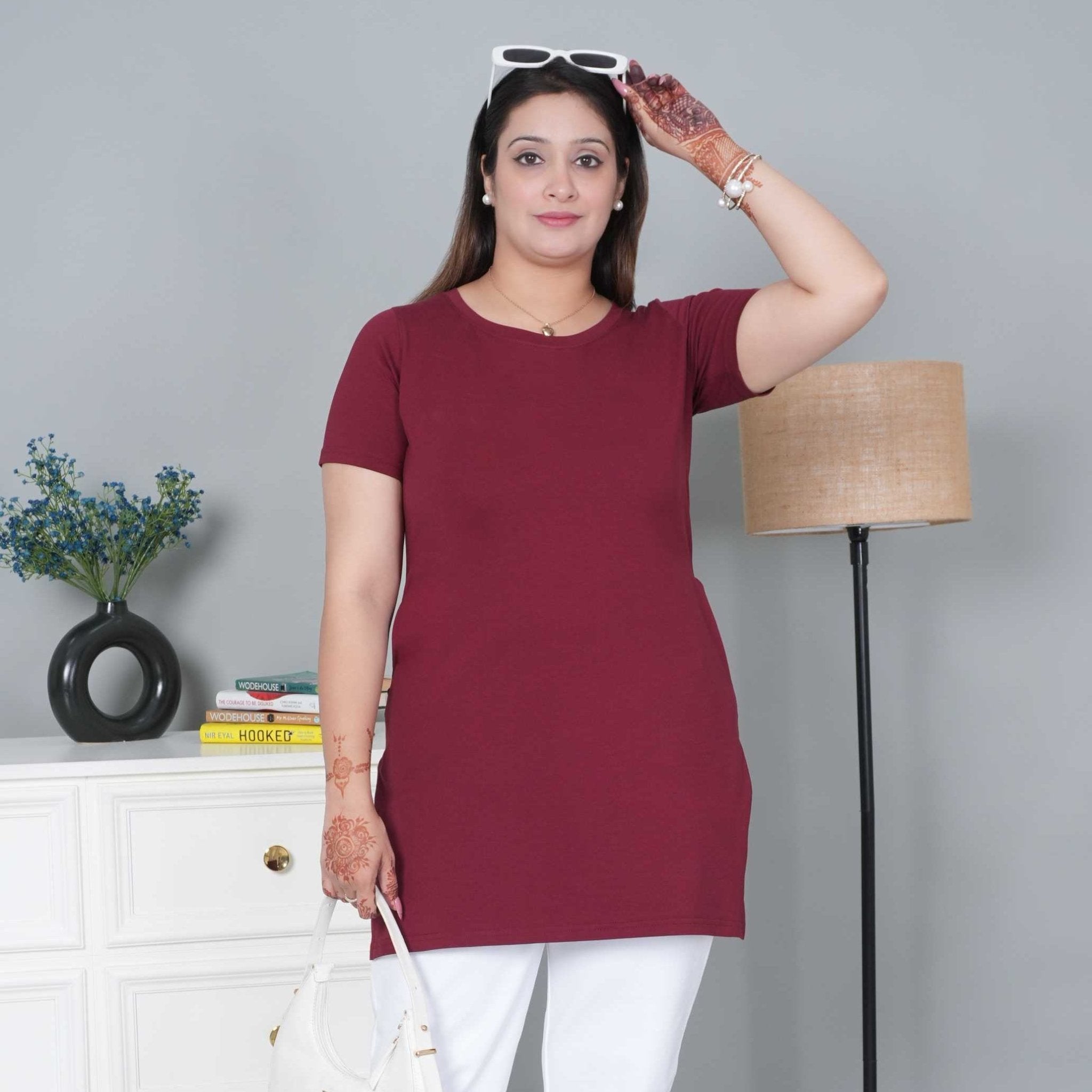 Wine long round neck cotton lycra t-shirt with pockets - Long cotton t-shirt