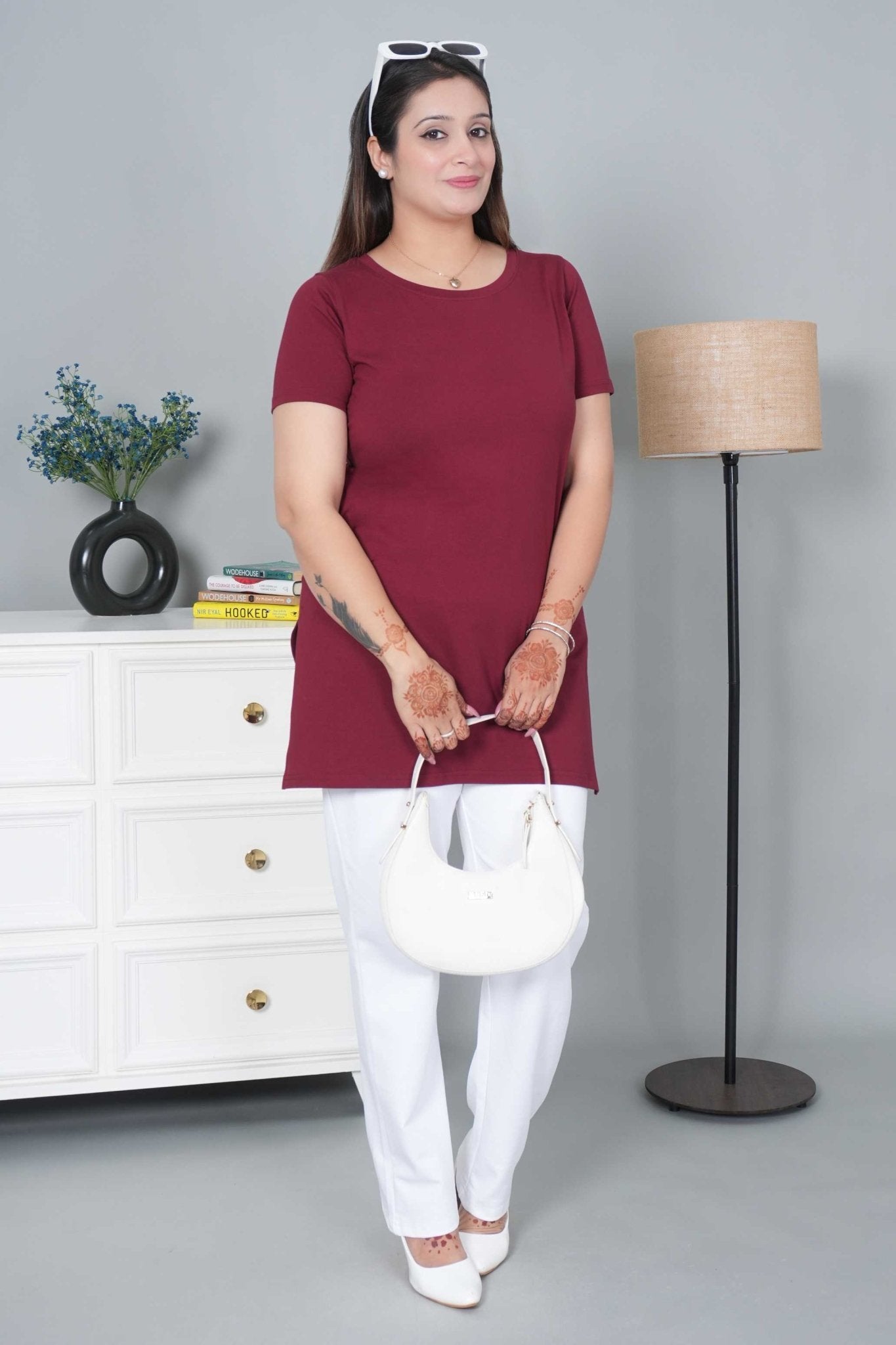 Wine long round neck cotton lycra t-shirt with pockets - Long cotton t-shirt