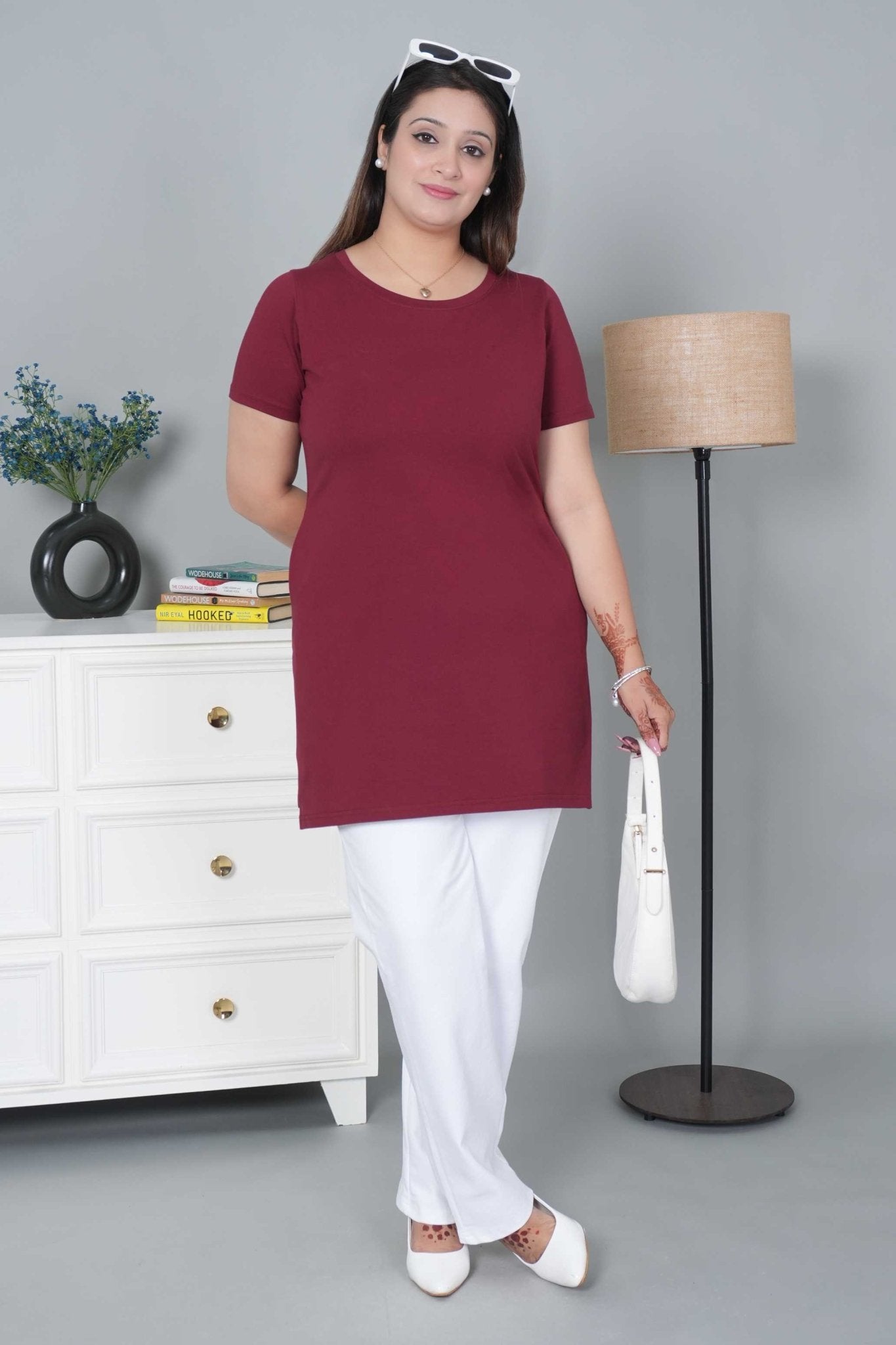 Wine long round neck cotton lycra t-shirt with pockets - Long cotton t-shirt