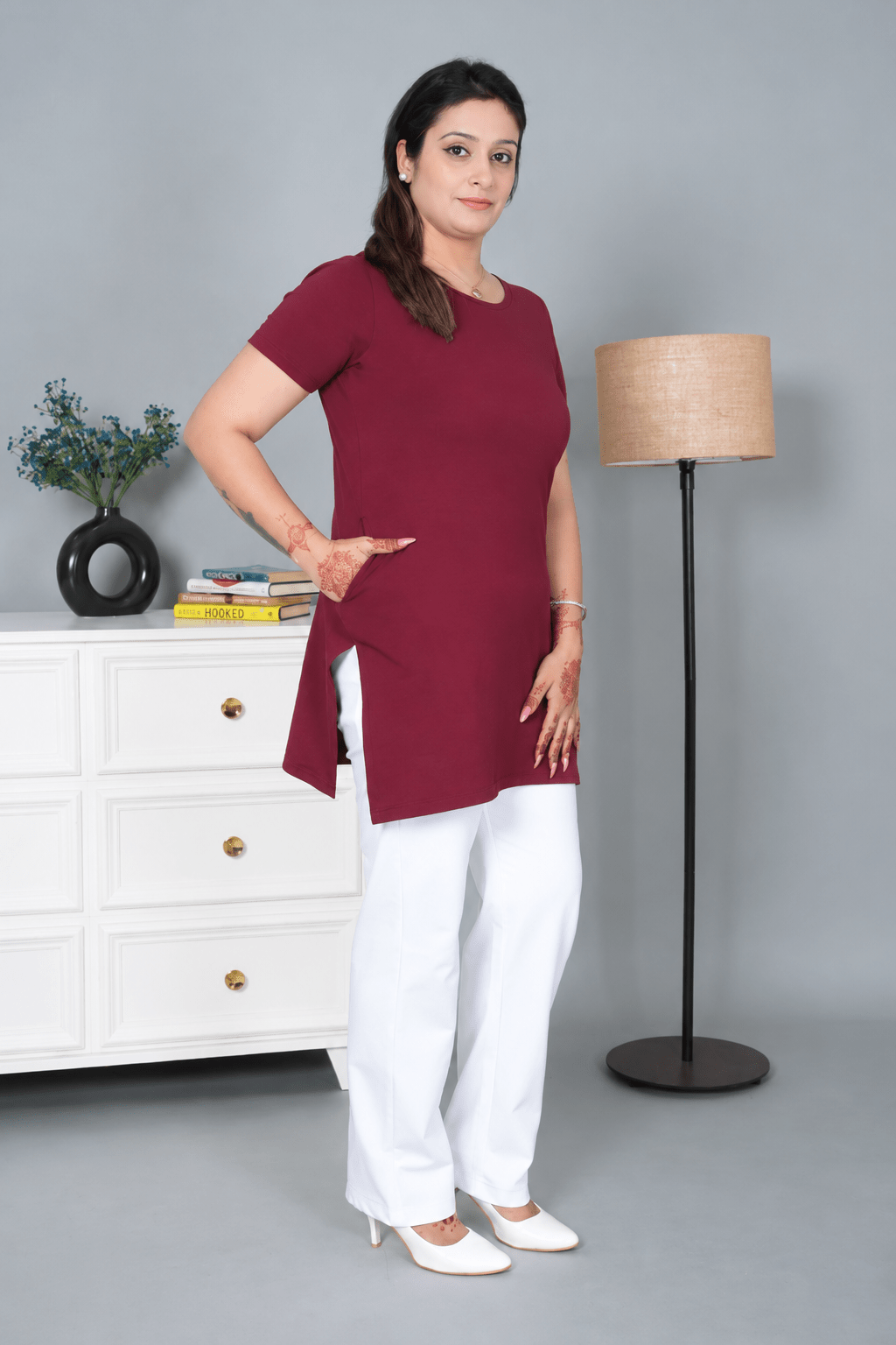 Wine long round neck cotton lycra t-shirt with pockets -Long cotton t-shirt