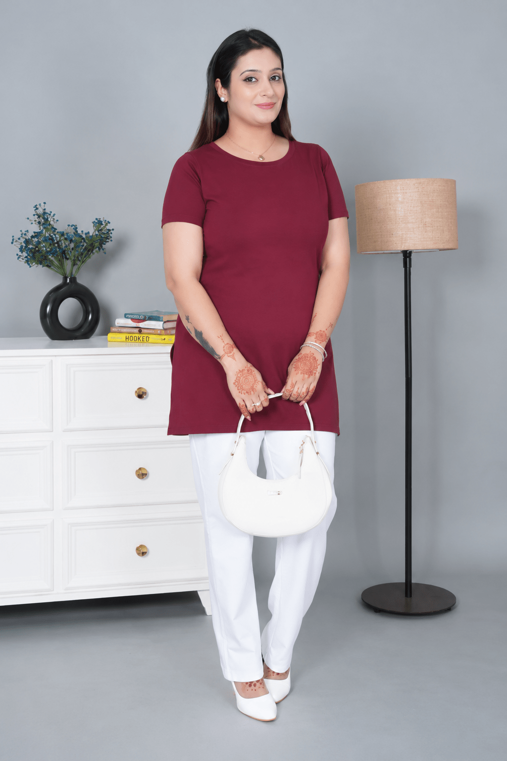 Wine long round neck cotton lycra t-shirt with pockets -Long cotton t-shirt