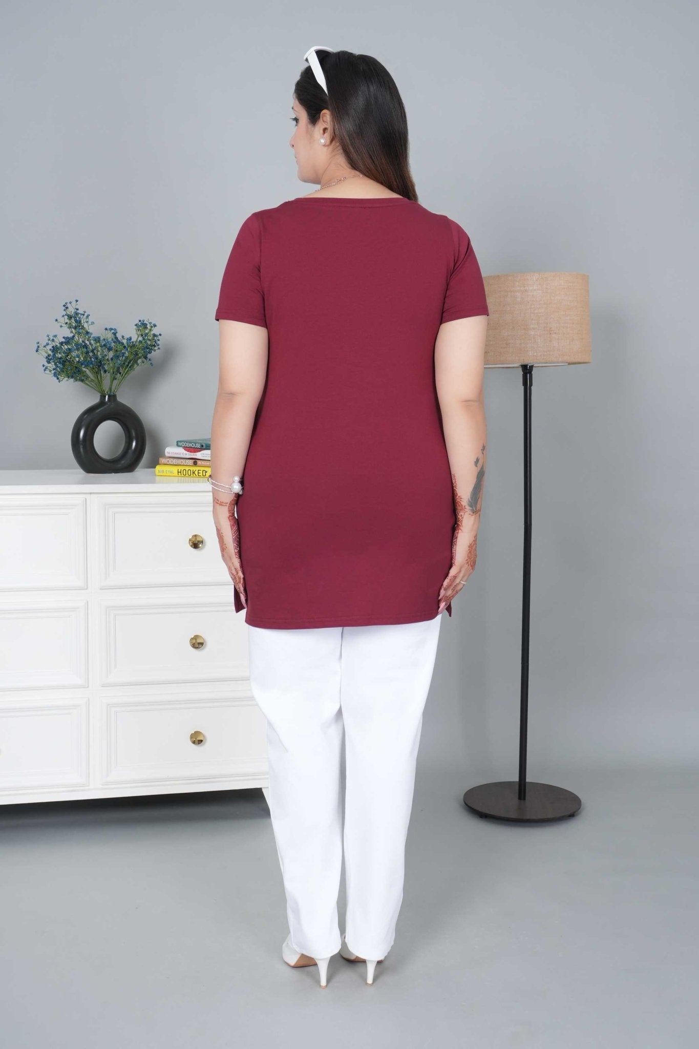 Wine long round neck cotton lycra t-shirt with pockets - Long cotton t-shirt