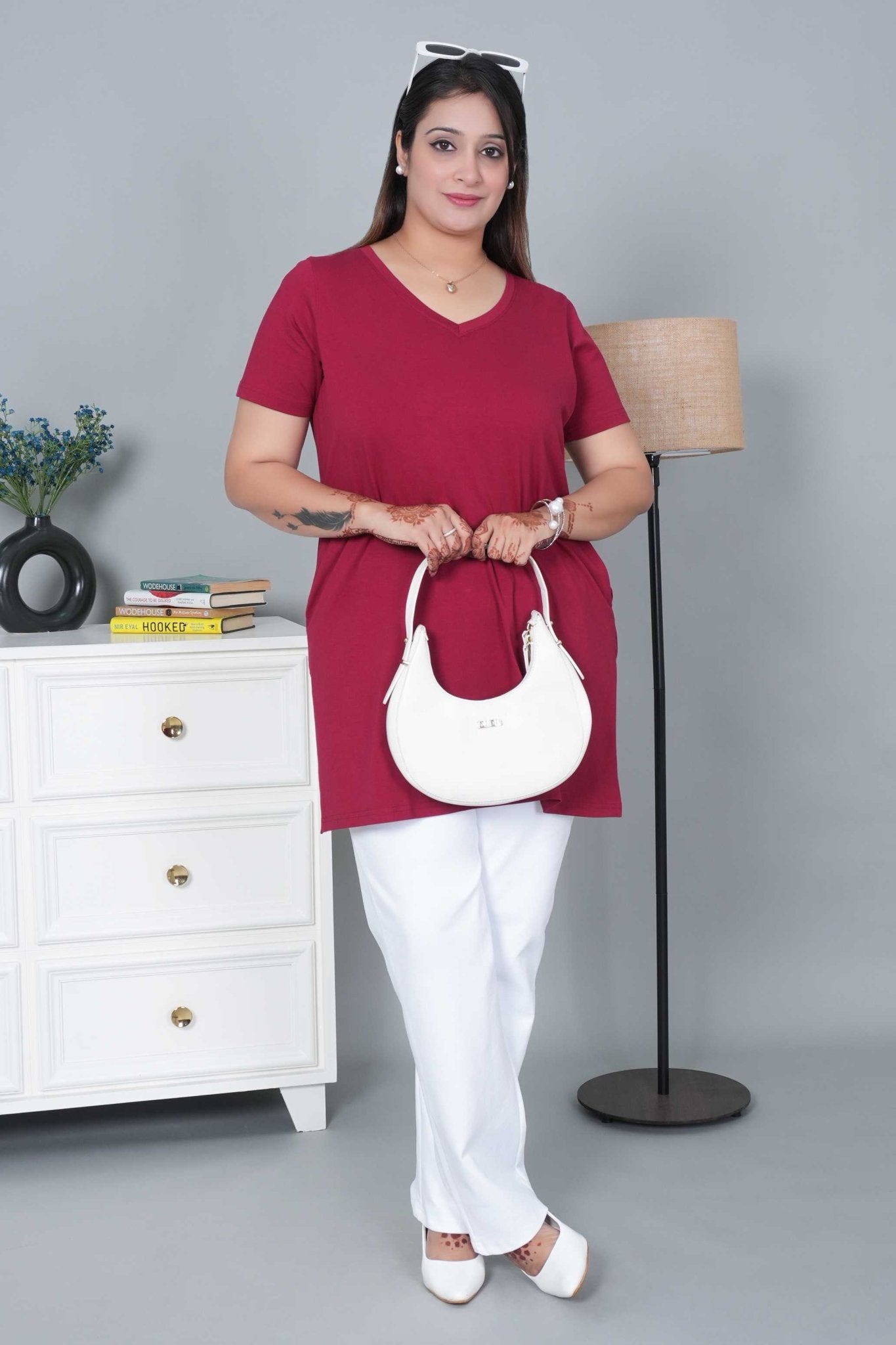 Wine long v neck cotton lycra t-shirt with pockets - Long cotton t-shirt