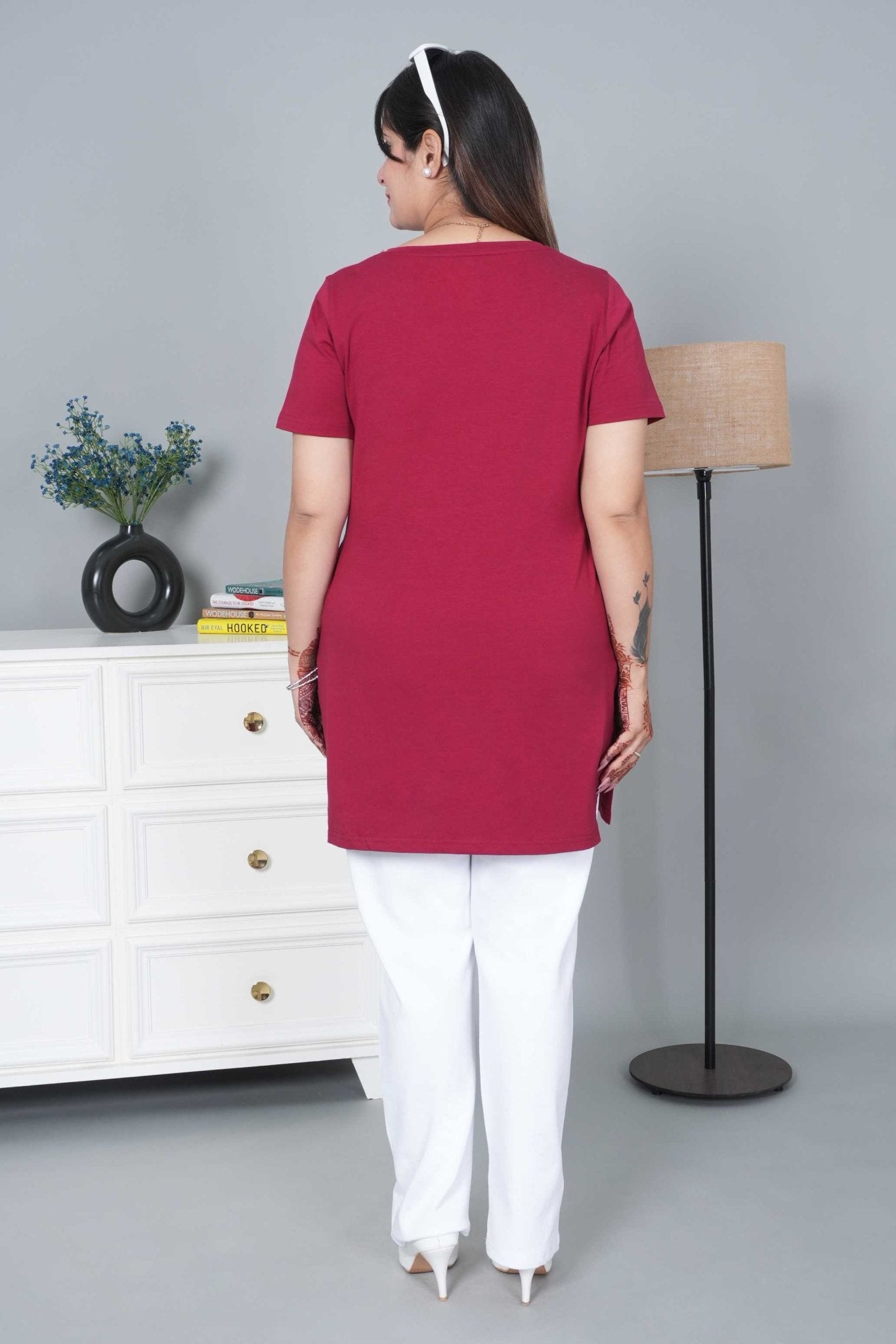 Wine long v neck cotton lycra t-shirt with pockets - Long cotton t-shirt