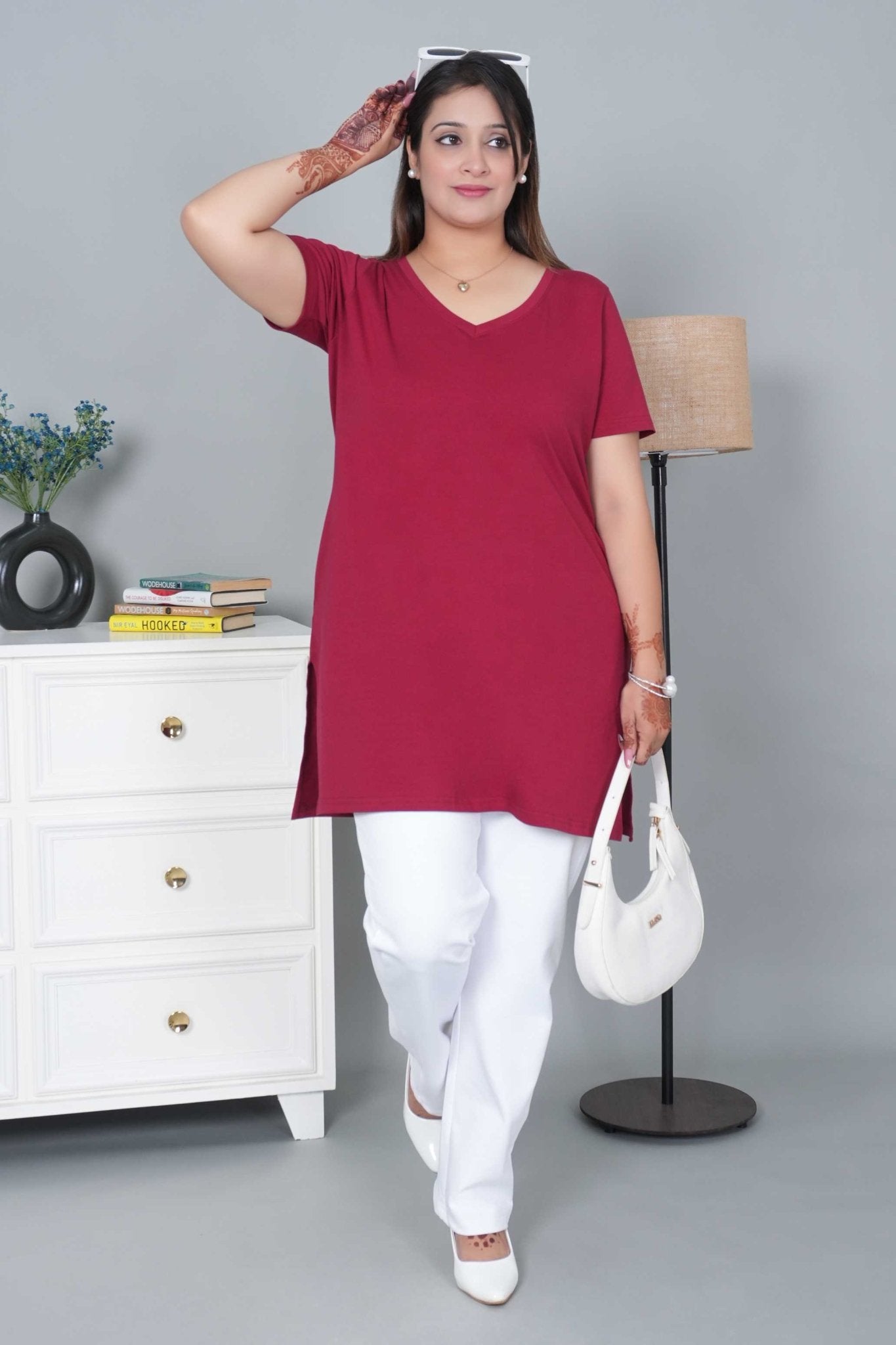Wine long v neck cotton lycra t-shirt with pockets - Long cotton t-shirt