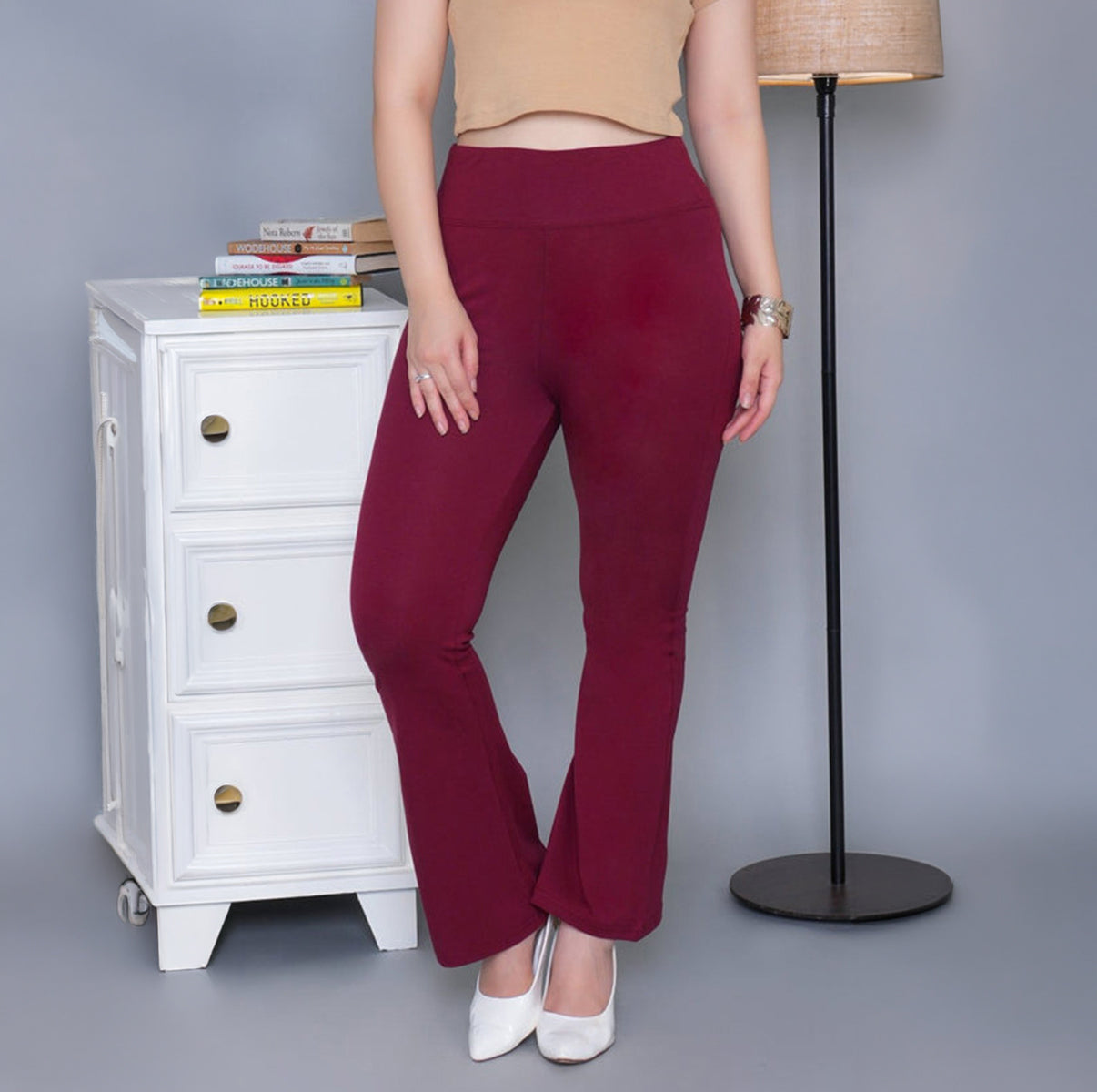 Wine stretchable biowash cotton lycra flare legging with superior elastic belt.