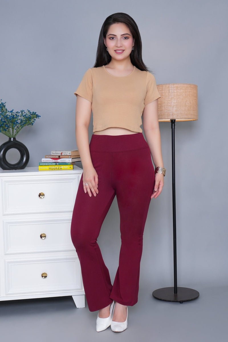 Wine stretchable biowash cotton lycra flare legging with superior elastic belt. -Cotton flare