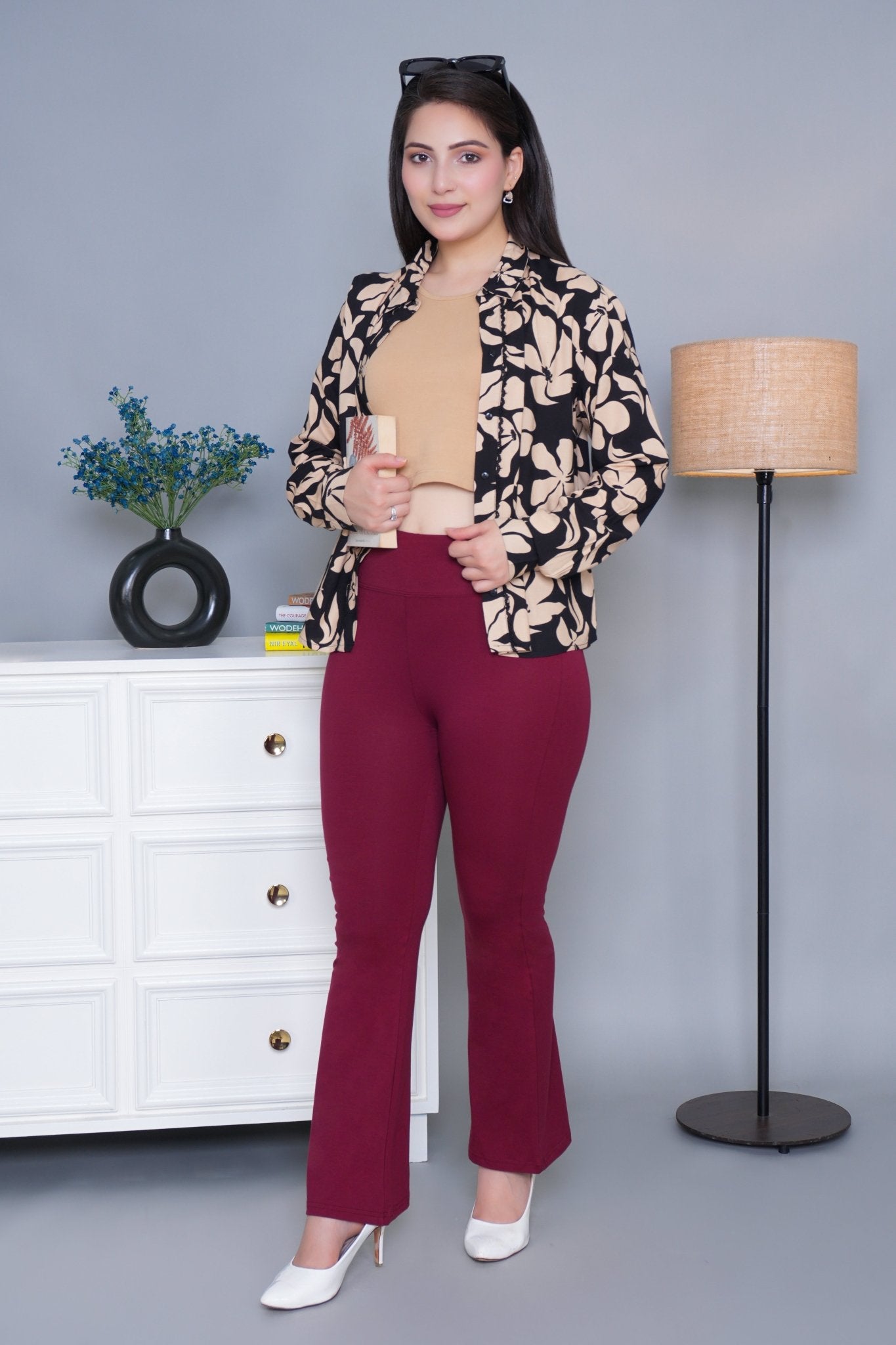 Wine stretchable biowash cotton lycra flare legging with superior elastic belt. - Cotton flare