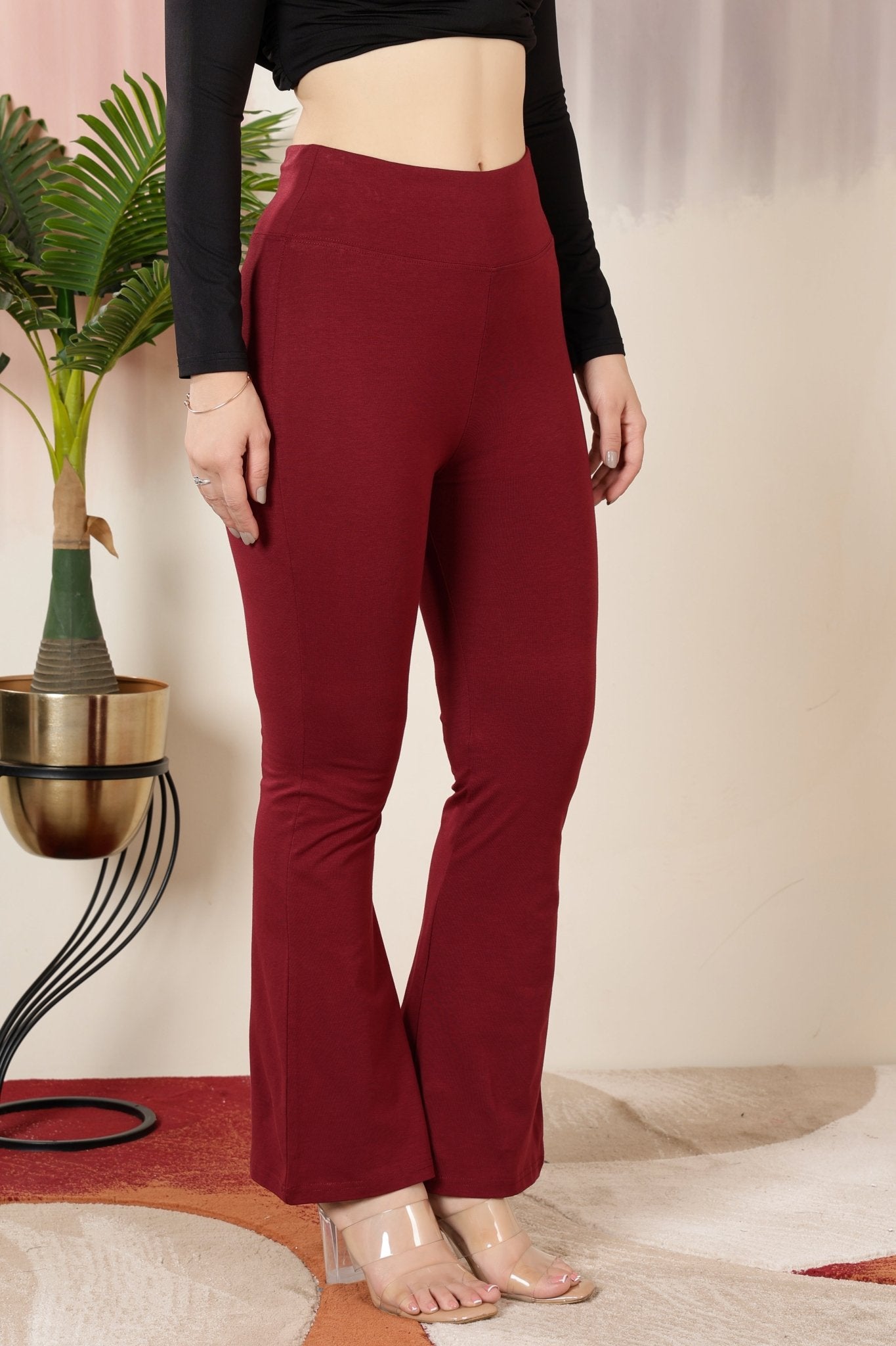 Wine stretchable biowash premium cotton lycra flare legging with superior elastic belt. -Cotton flare