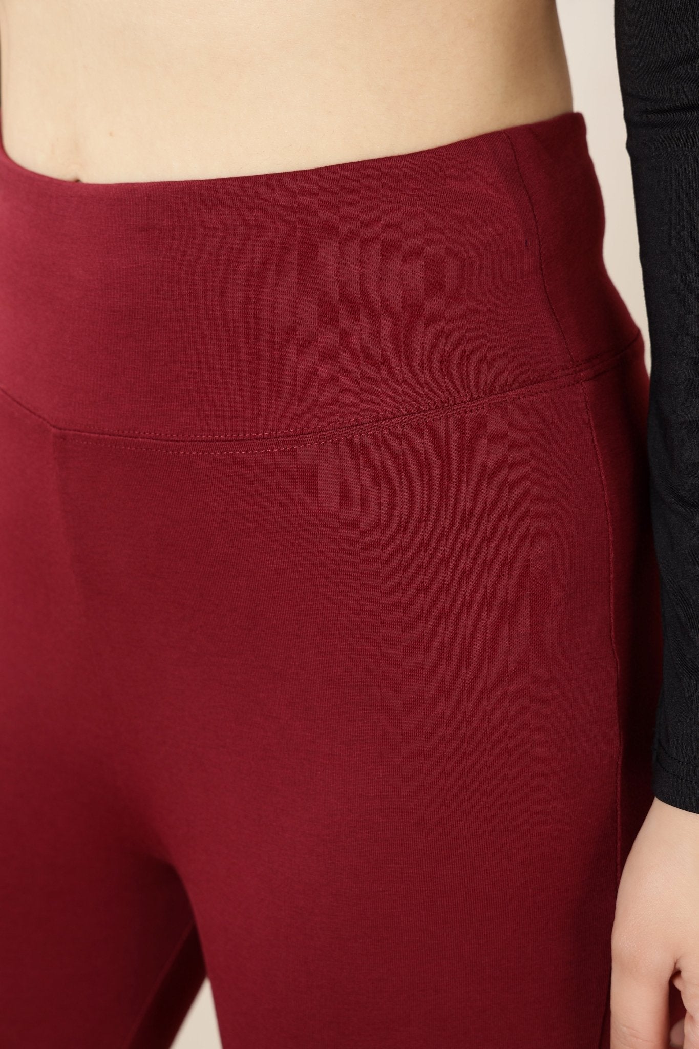 Wine stretchable biowash premium cotton lycra flare legging with superior elastic belt. -Cotton flare