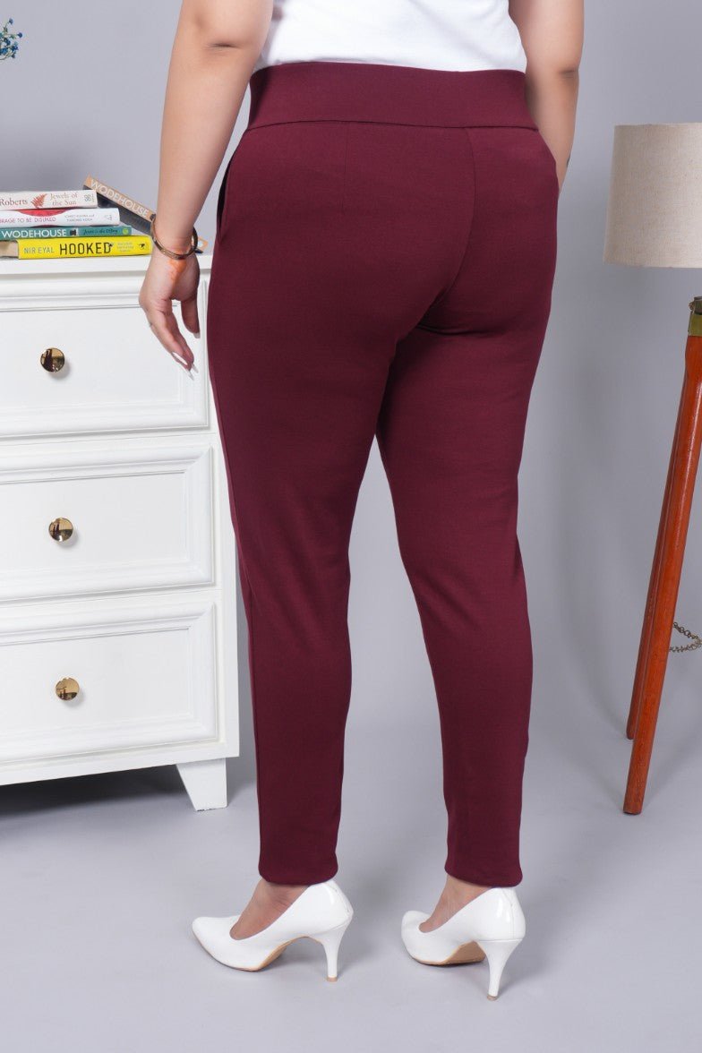 Wine stretchable biowash USA HQ cotton premium jegging pant with pockets & superior elastic belt. - Milano jegging pants with pcoket