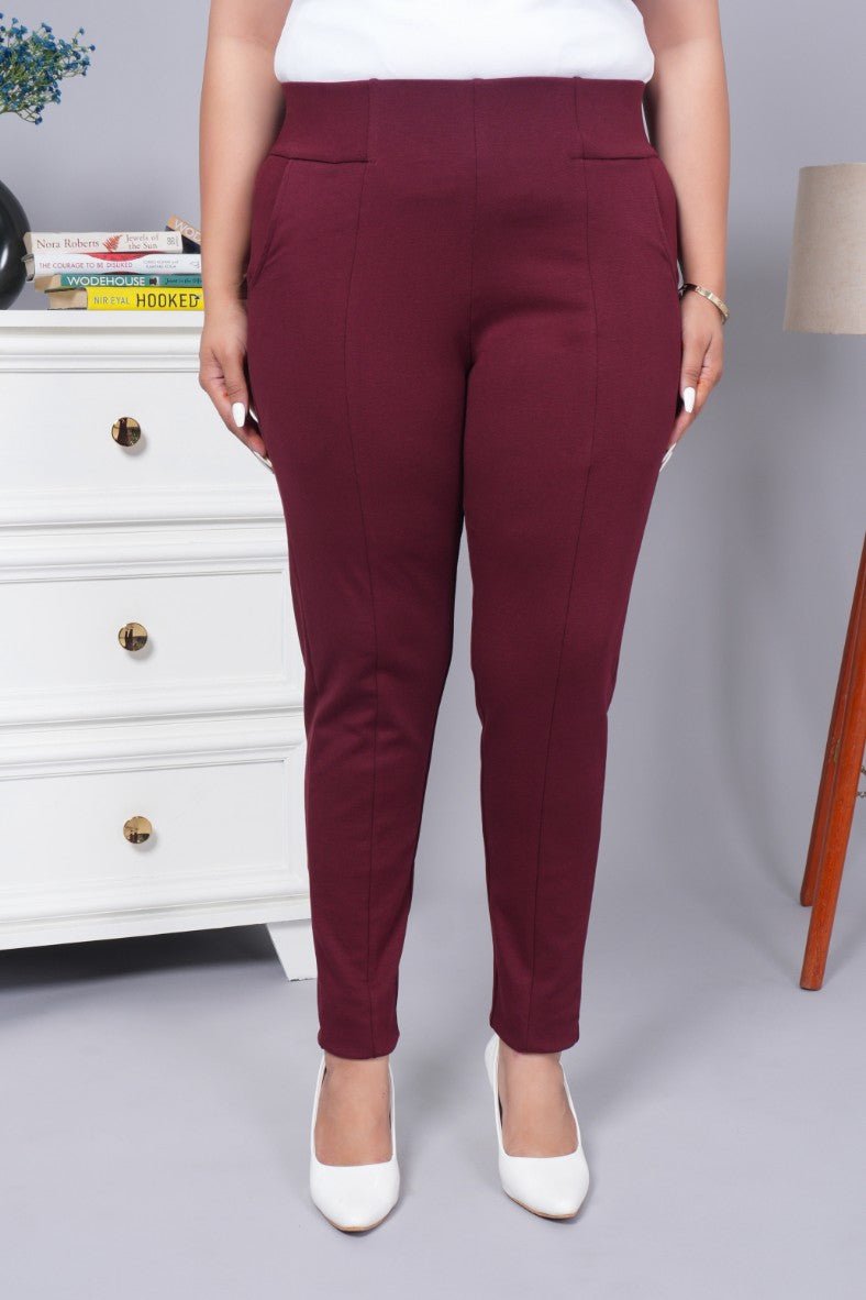 Wine stretchable biowash USA HQ cotton premium jegging pant with pockets & superior elastic belt. - Milano jegging pants with pcoket