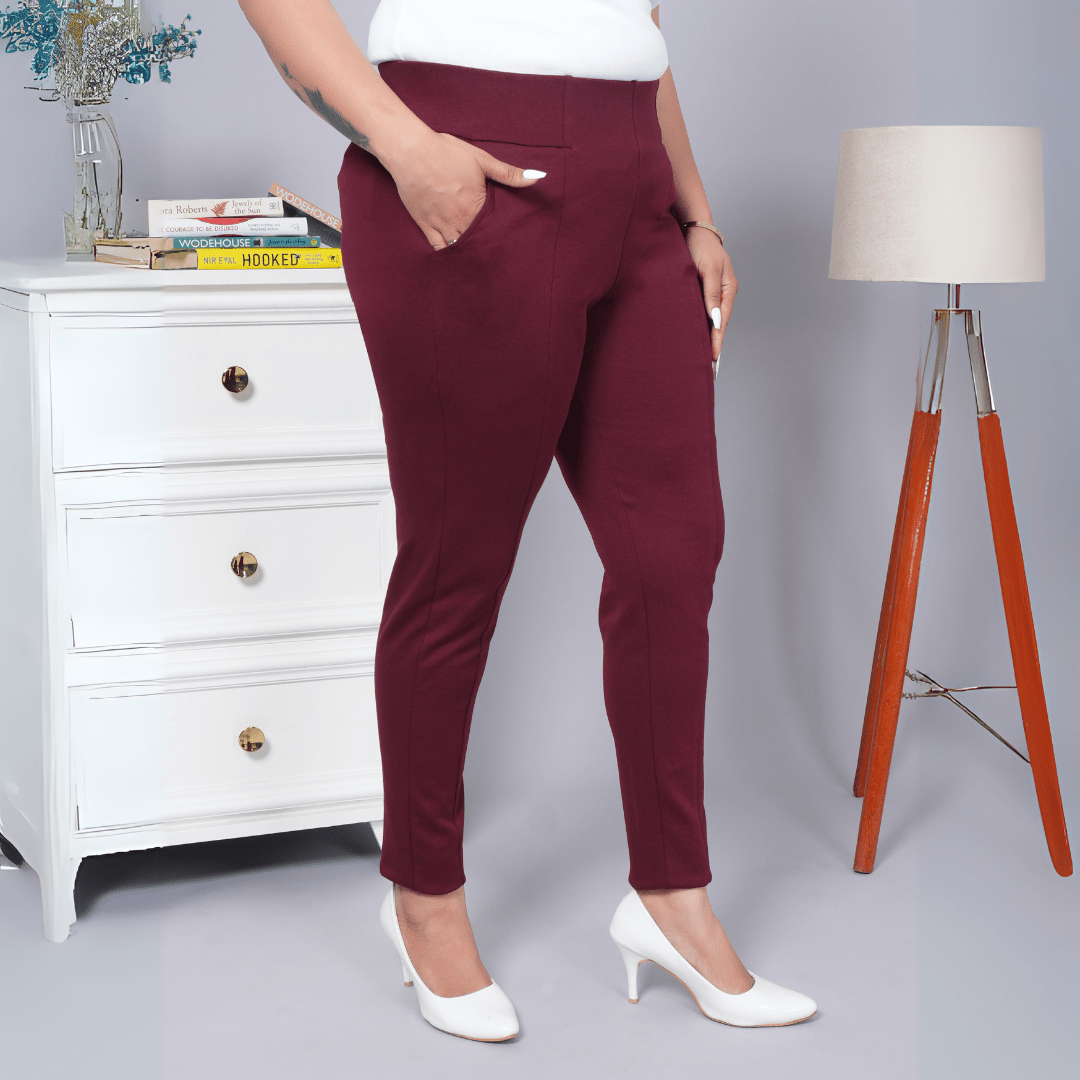 Wine stretchable biowash USA HQ cotton premium jegging pant with pockets & superior elastic belt. - Milano jegging pants with pcoket