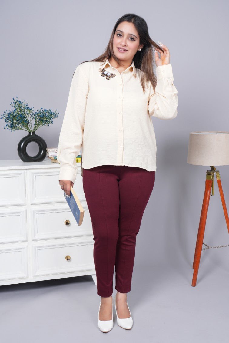 Wine stretchable biowash USA HQ cotton premium jegging pant with pockets & superior elastic belt. - Milano jegging pants with pcoket