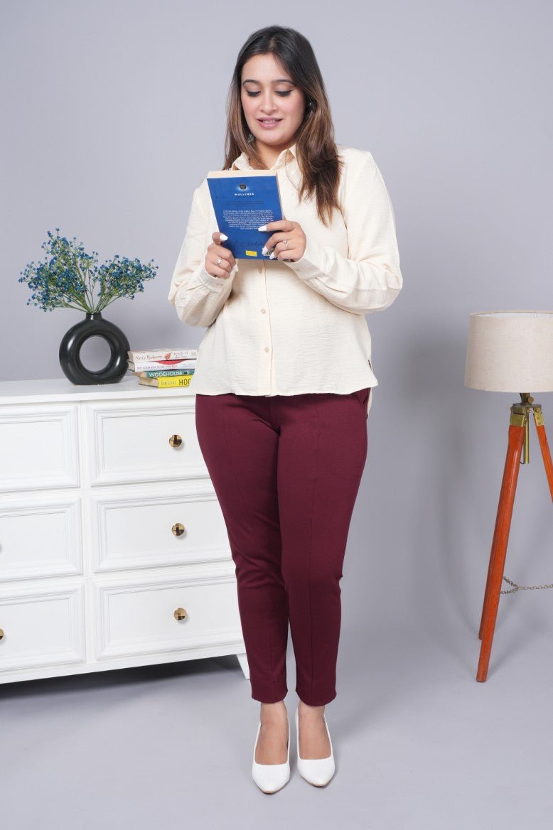 Wine stretchable biowash USA HQ cotton premium jegging pant with pockets & superior elastic belt. - Milano jegging pants with pcoket