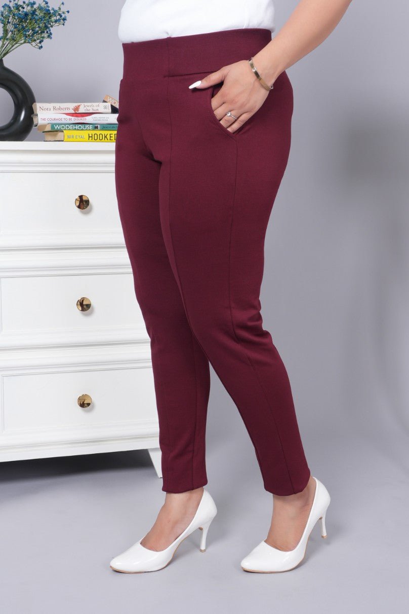 Wine stretchable biowash USA HQ cotton premium jegging pant with pockets & superior elastic belt. - Milano jegging pants with pcoket