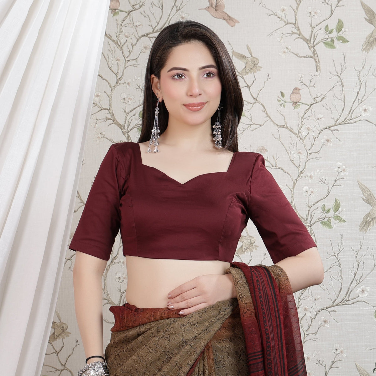 Wine sweetheart neck cotton blouse made from premium cotton -Blouse