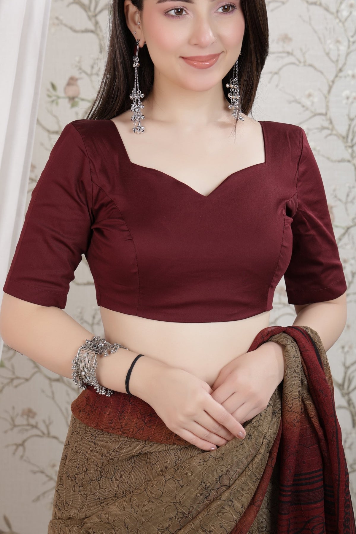 Wine sweetheart neck cotton blouse made from premium cotton -Blouse