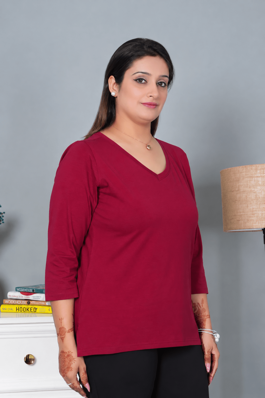 Wine V-neck cotton 3/4 sleeve t-shirt -Full sleeve v neck cotton t shirt