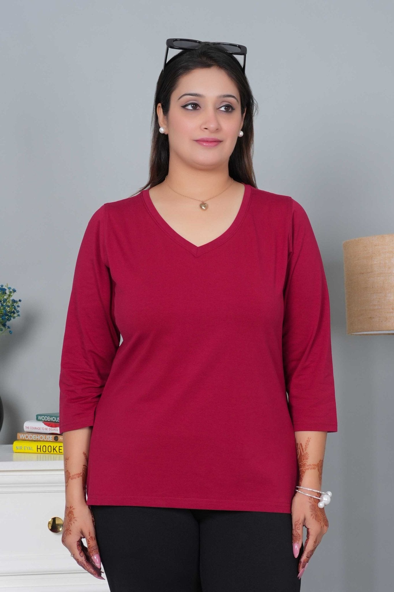 Wine V - neck cotton 3/4 sleeve t-shirt - Full sleeve v neck cotton t shirt