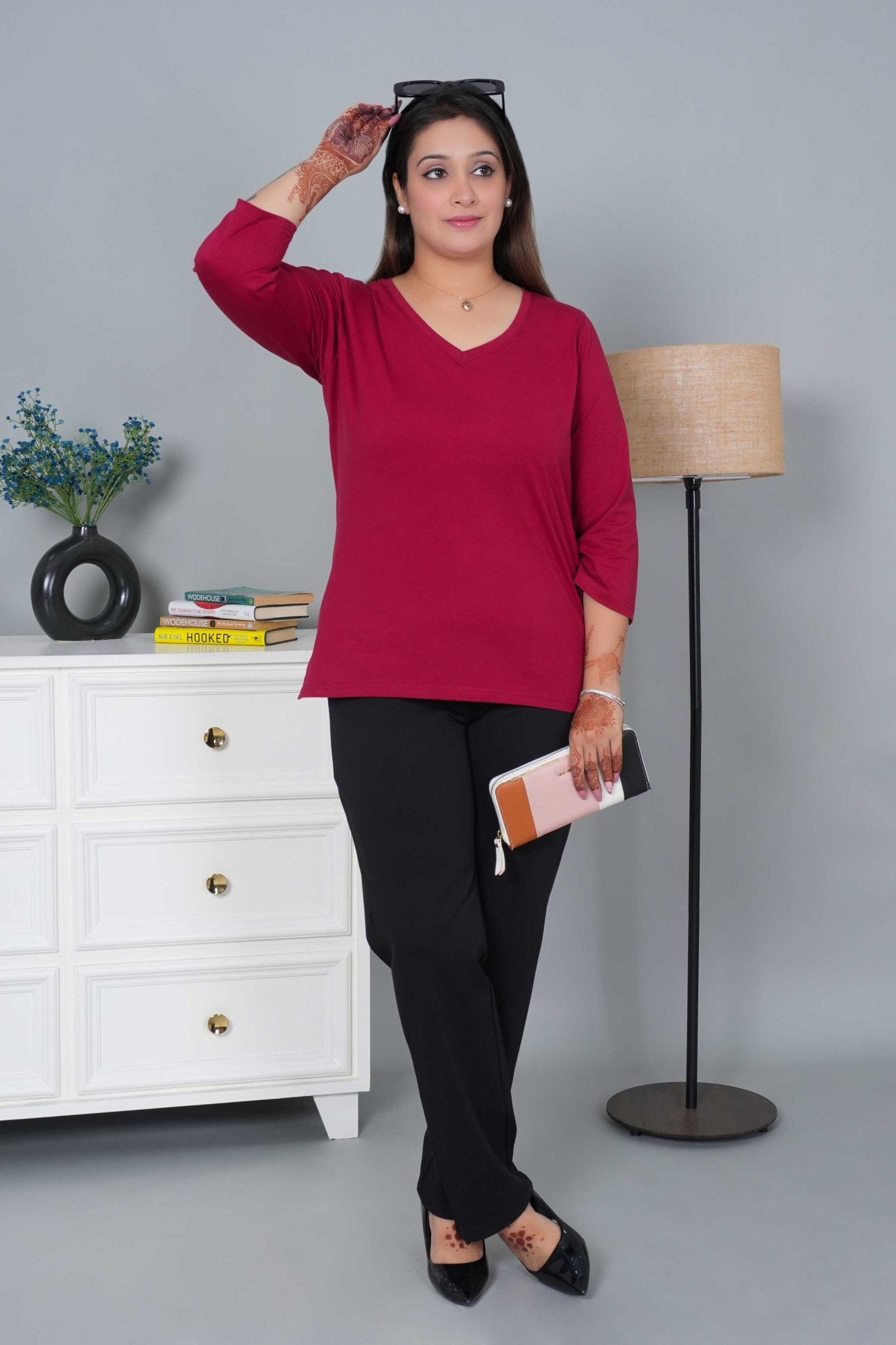 Wine V - neck cotton 3/4 sleeve t-shirt - Full sleeve v neck cotton t shirt