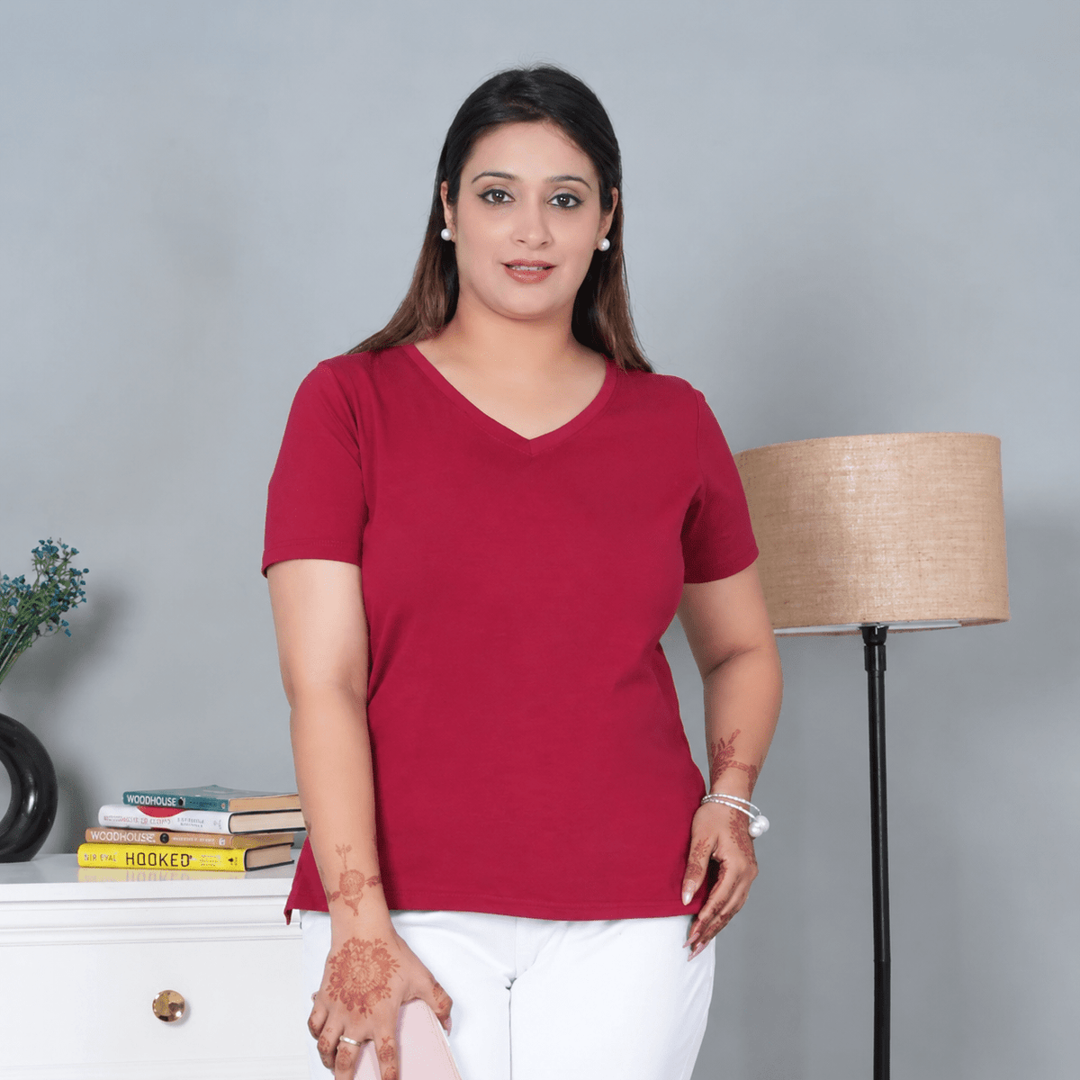 Wine V-neck half-sleeve cotton lycra t-shirt -Cotton half sleeve v neck t-shirt