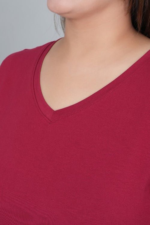 Wine V-neck half-sleeve cotton lycra t-shirt -Cotton half sleeve v neck t-shirt