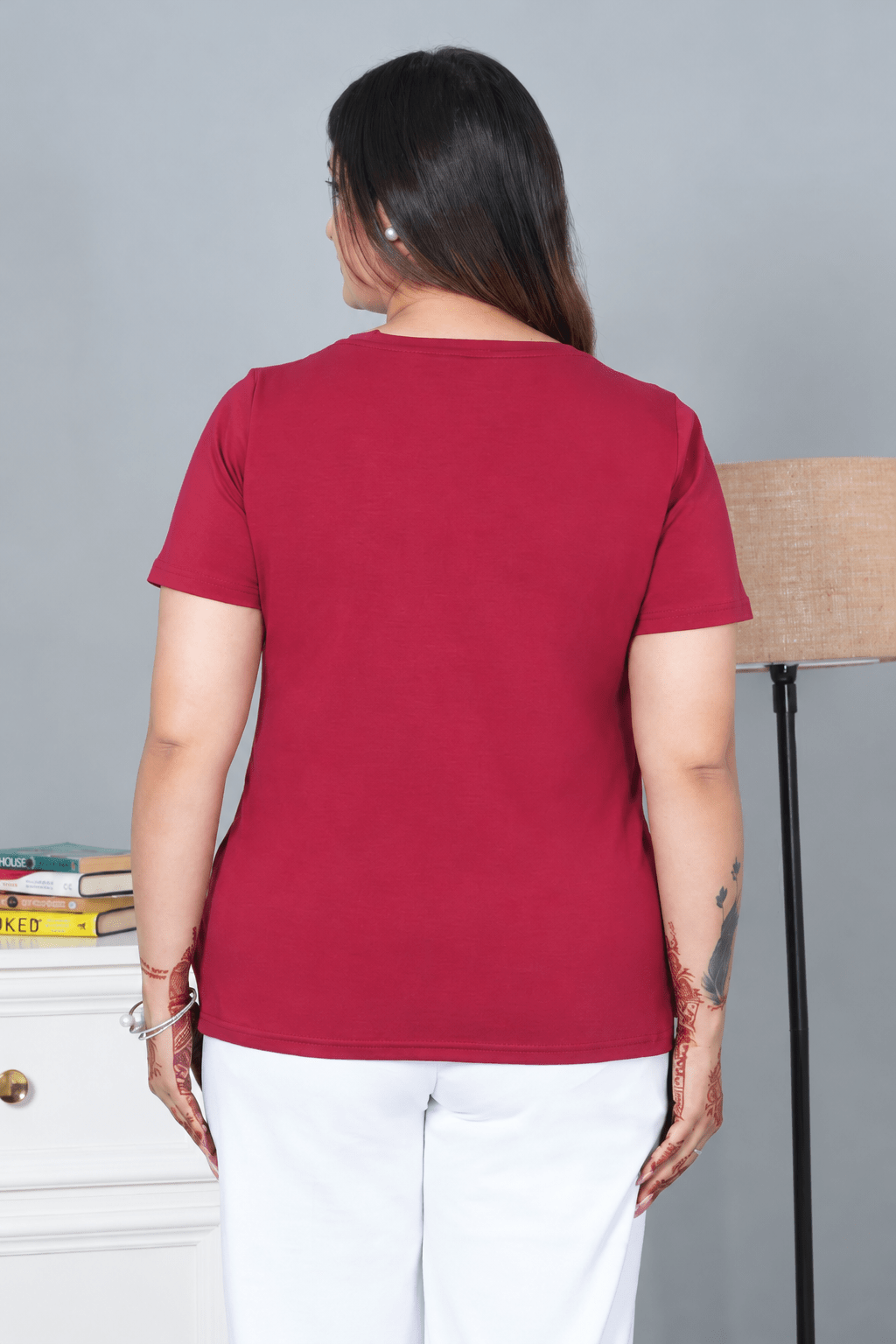 Wine V-neck half-sleeve cotton lycra t-shirt -Cotton half sleeve v neck t-shirt