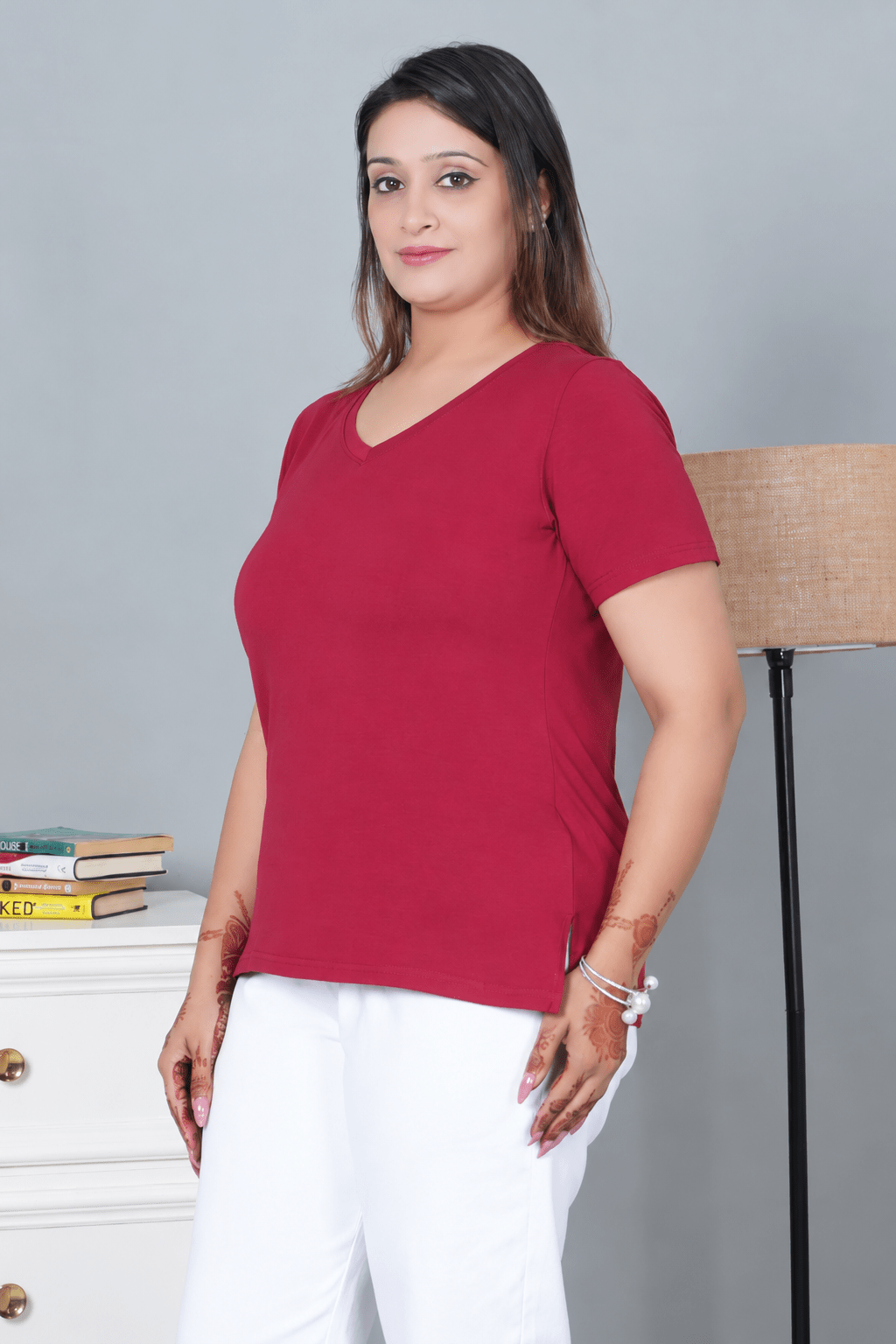 Wine V-neck half-sleeve cotton lycra t-shirt -Cotton half sleeve v neck t-shirt