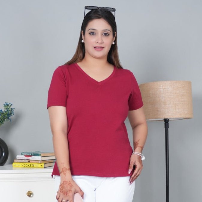Wine V - neck half - sleeve cotton lycra t-shirt - Cotton half sleeve v neck t-shirt