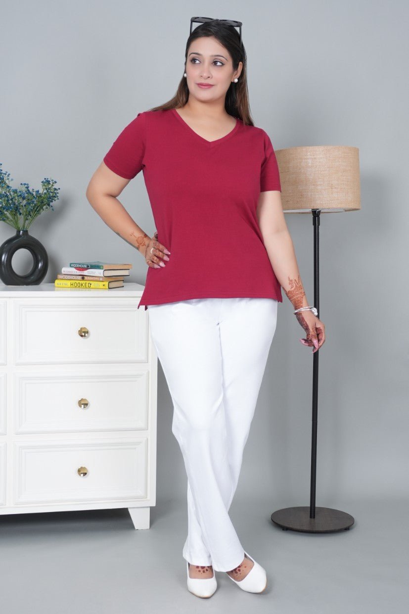 Wine V - neck half - sleeve cotton lycra t-shirt - Cotton half sleeve v neck t-shirt