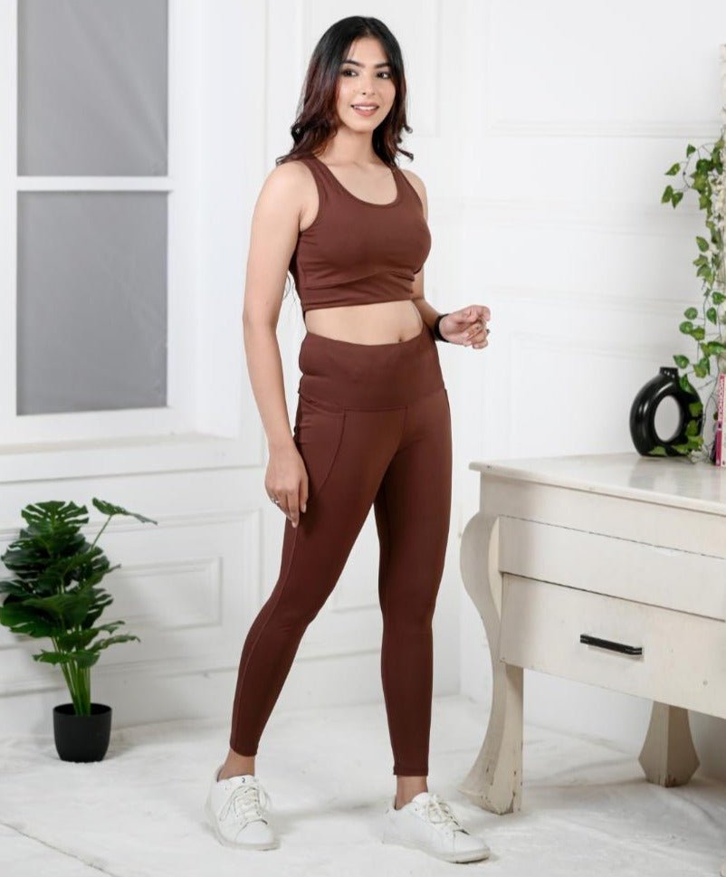 Dark brown gym leggings for women, ankle length sports pants, gym tights.