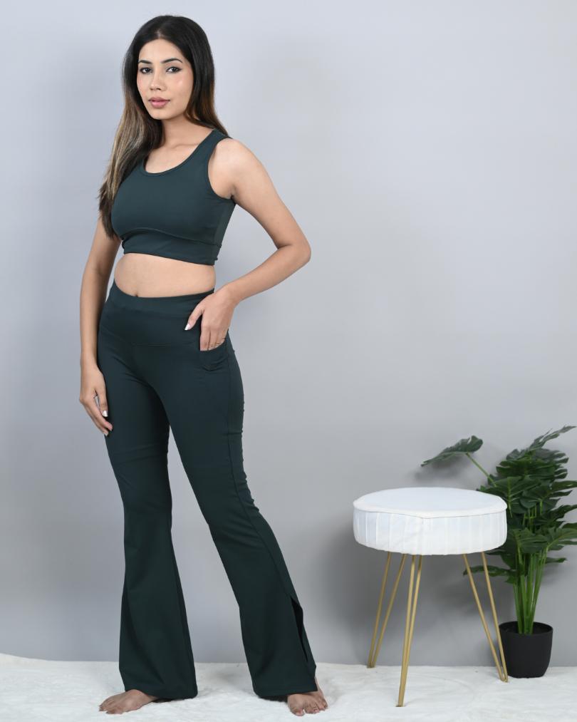 Dark Green Active Flare with Slit Pants -Active flare with slit pants