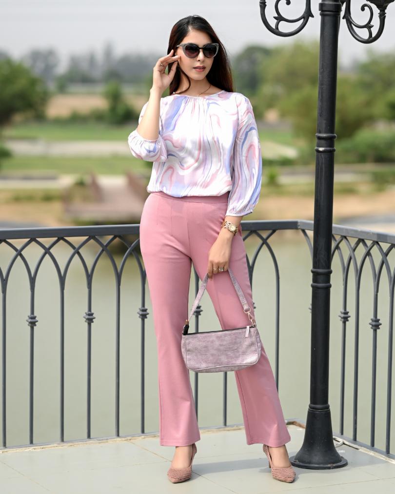 Light pink flare bootcut pants & trousers for women casual and office wear.