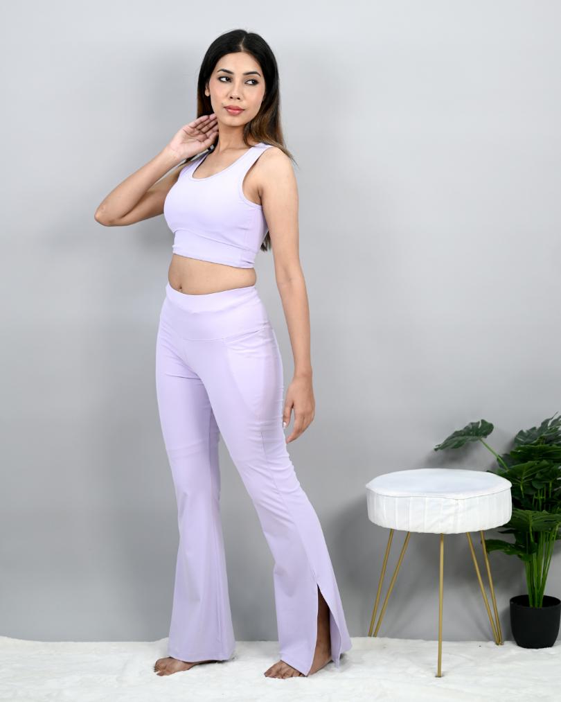 Lilac sports flare pants with slit for women, ankle length gym pants.
